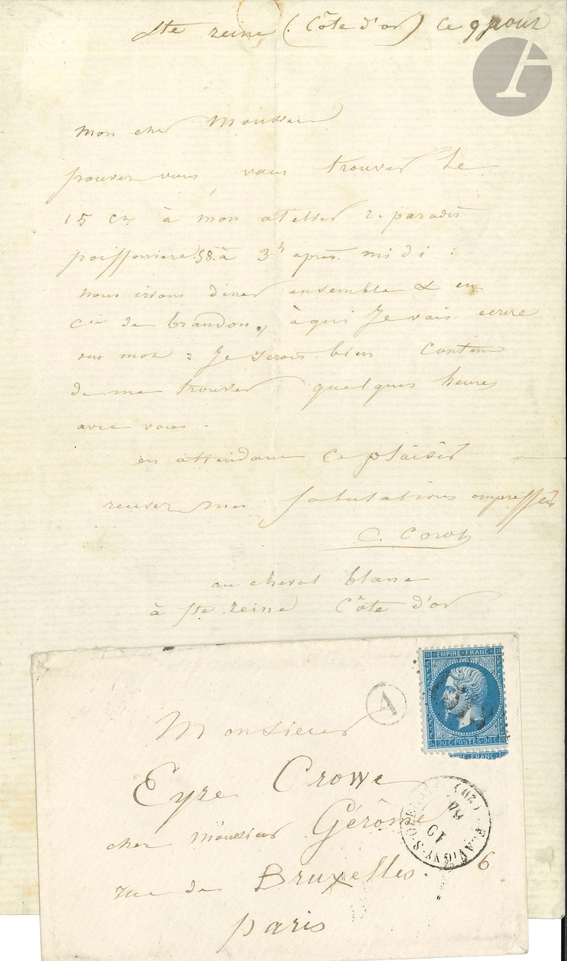 Camille COROT (1796-1875). L.A.S., Sainte-Reine (Côte d'or) [August 10, 1864], to English painter Eyre Crowe (1824-1910); ¾ page in-8, envelope.

He expects him on the 15th at his studio, "r. paradis poissonnière 58 at 3 pm. We shall dine together &amp; in company with Brandon [his former pupil Jacob Édouard Brandon (1831-1897)], to whom I shall write a note. I would be very happy to spend a few hours with you"...