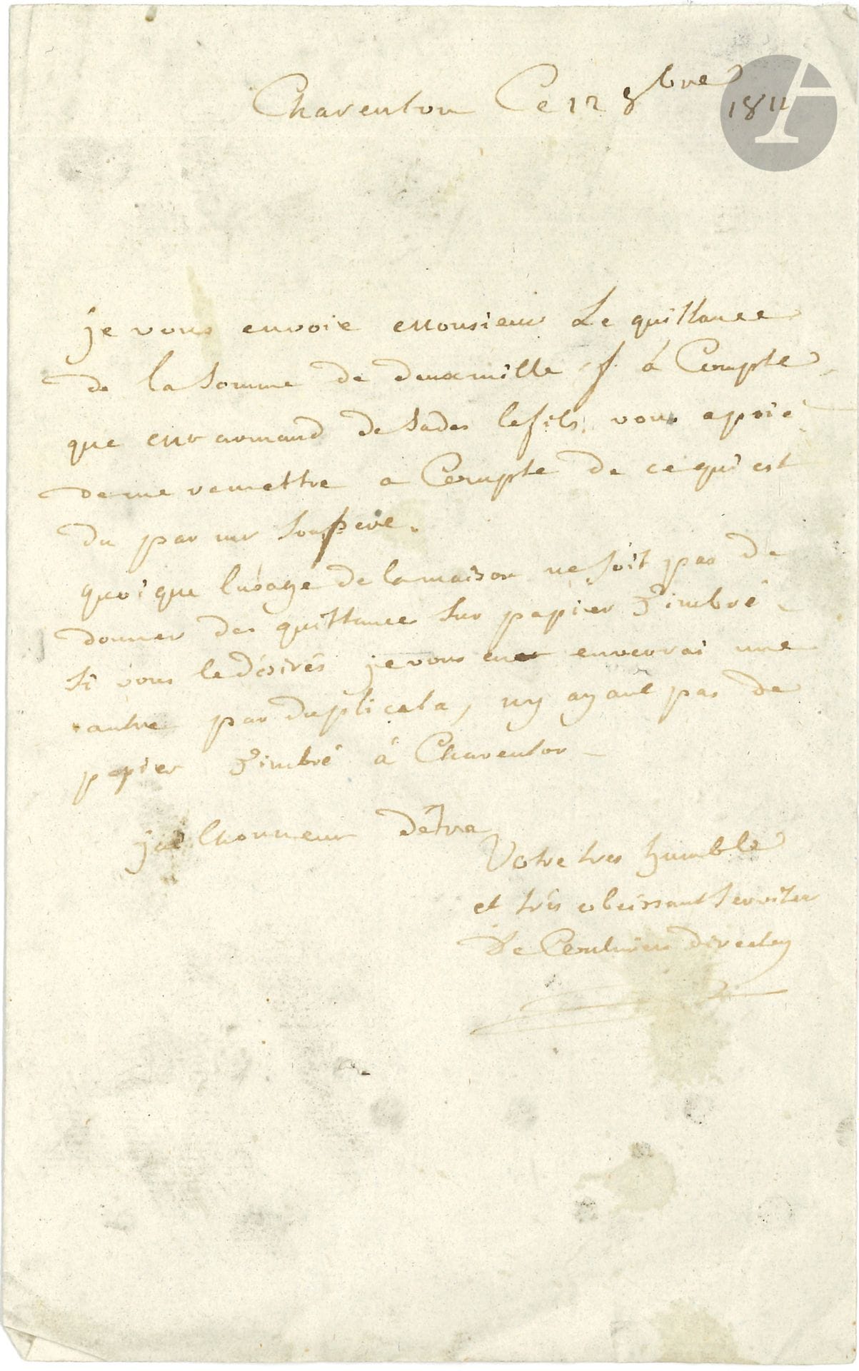 [D.A.F. marquis de SADE]. François Simonnet de COULMIERS (1741-1818) abbé, député du clergé aux États-généraux, puis membre de l’Assemblée constituante et du Corps législatif, puis directeur de l’hospice de Charenton. L.A.S., Charenton 12 octobre 1811, à M. Corbin, avocat à Paris ; 1 page in-8, adresse (lég. salissures). 
On joint une L.A.S. de la maîtresse de Sade Marie-Constance Renelle, Mme Balthazar QUESNET

Il envoie la quittance de la somme de 2000 francs « à compte que Mr Armand de SADE le fils vous a prié de me remettre à compte de ce qui est du par Mr son père »…
On joint une L.A.S. de la maîtresse de Sade Marie-Constance Renelle, Mme Balthazar QUESNET, ce 24 [1803 ?], à Claude-Armand de Sade (fils du marquis) (1 p. petit in-4, adr.) : « Vous ette priyé de pasé chéz Mr Déprés pour affaire presé mardy a 10 heure du matin. Je vous salue »…