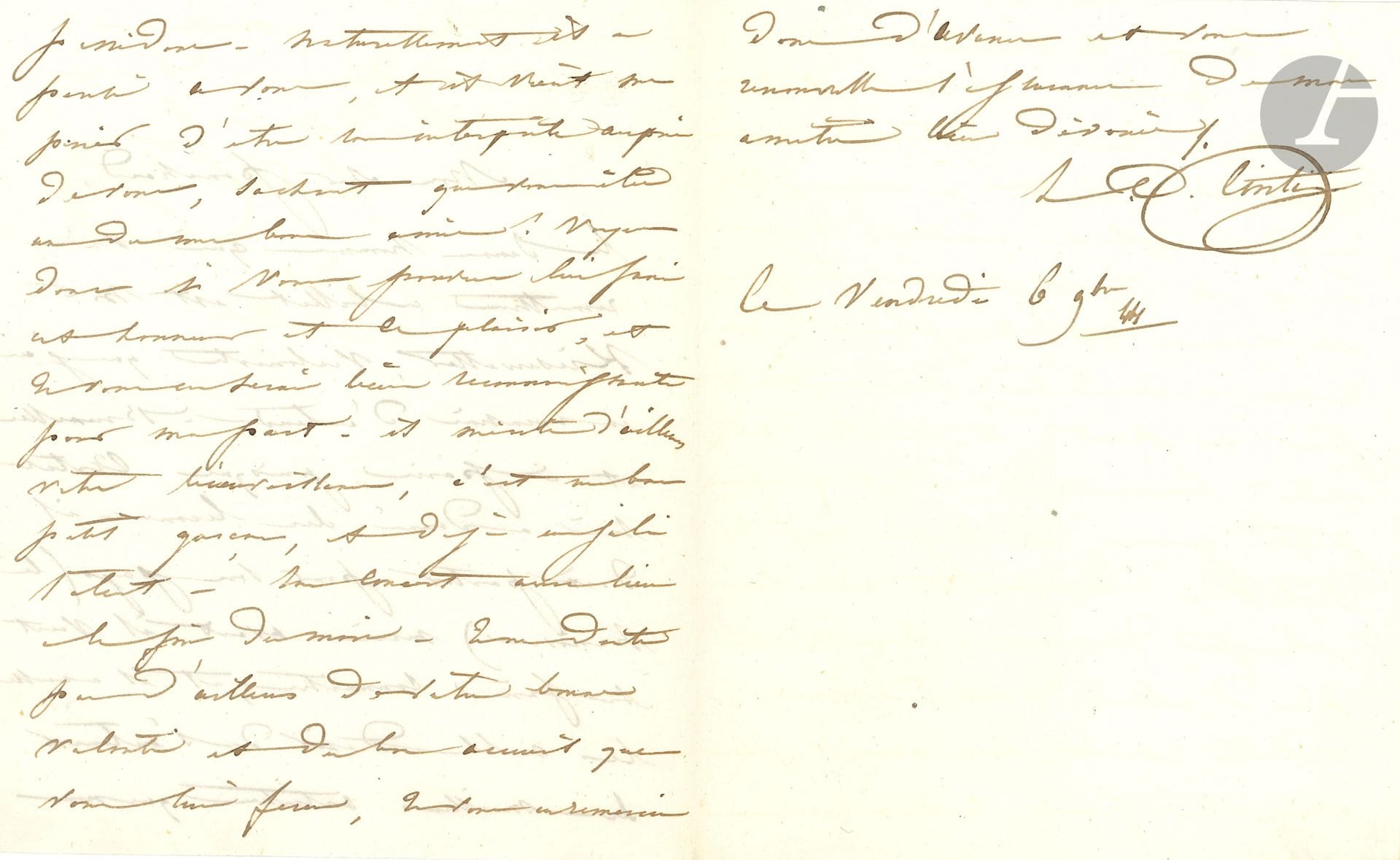 Laure DAMOREAU-CINTI (1801-1863). L.A.S., November 6, 1844, to tenor Ponchard; 2 1/2 pages in-12.

 The singer intervenes on behalf of a violinist from Hanover, Krisewetter: "Artot has given him lessons. He must leave for his country (Hanôvre), but first he wants to make a name for himself, and he also has the noble desire to surround himself with the best artists we possess [...] he's a good little boy, and already a lovely talent. His concert will take place at the end of the month"...