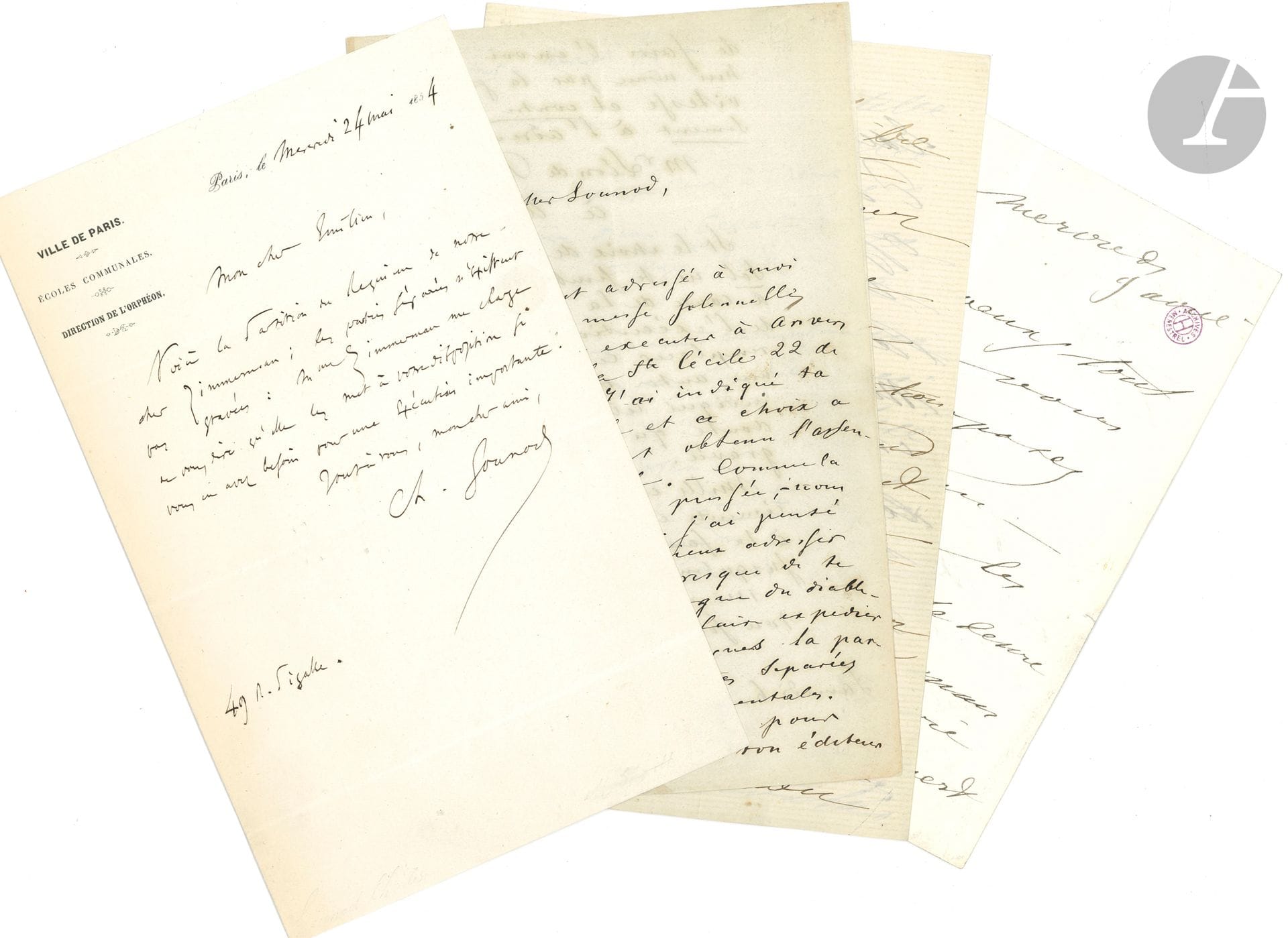 Charles GOUNOD (1818-1893). 3 L.A.S. et 1 L.S., 1854-1891 ; 8 pages in-8 ou in-12. 
On joint 6 L.A.S. [1880] et une photographie (1873) de la soprano Caroline Miolan Carvalho 

Paris 24 mai 1854, à Emilien Pacini : « Voici la partition du Requiem de notre cher Zimmermann ; les parties séparées n’existent pas gravées: Mme Zimmermann me charge de vous dire qu’elle les met à votre disposition si vous en avez besoin pour une exécution importante »… – Montretout mercredi soir, à la suite d’une lettre de F.A. Gevaert qu’il transmet à son correspondant, au sujet d’une messe solennelle qu’on doit exécuter à Anvers pour la Ste Cécile… – Saint-Cloud 19 juillet 1877, au librettiste Édouard Blau : il ne peut se « charger de la composition musicale de votre poëme malgré l’interêt lyrique qui s’attache invisiblement à cette immortelle figure de Dante – mais je ne vois pas la pièce assez conforme aux conditions du théâtre »… – 25 juin 1891, à une amie ; lettre écrite par sa fille, après un accident de la vue.
On joint 6 L.A.S. [1880] et une photographie (1873) de la soprano Caroline Miolan Carvalho (créatrice de Marguerite du Faust), parlant de Gounod, de Mireille, de séances musicales avec Sarasate et Gevaert…