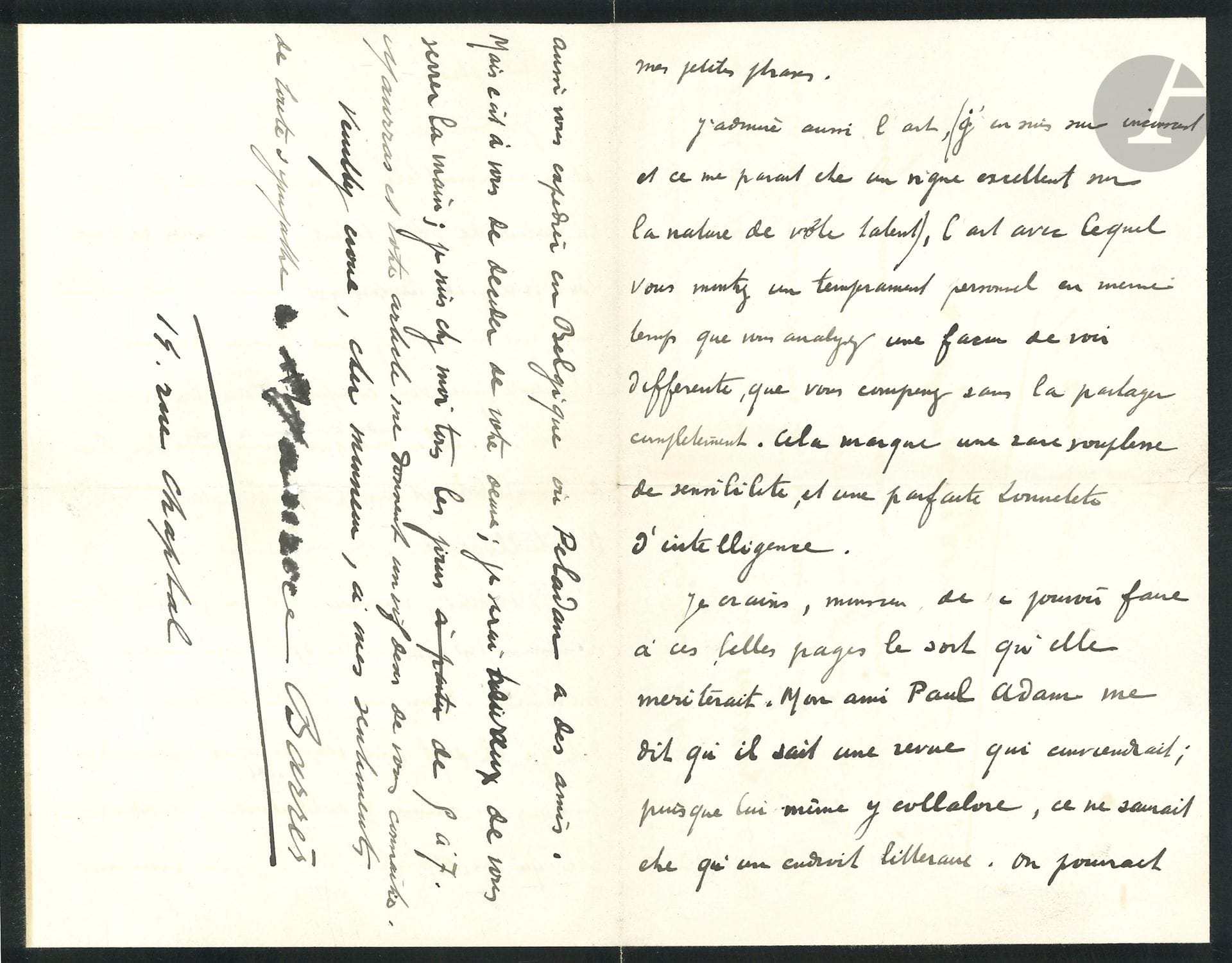 Maurice BARRÈS (1862-1923). L.A.S., [vers 1890], à un critique ; 3 pages in-8 (petit deuil).

Il le remercie pour son article « Il y a une grande douceur à voir sa pensée ainsi comprise. […] C’est surtout par convenance que j’ai dû envelopper très fort un livre qui a aussi des allures de confessions ; c’est aussi pour quelques principes d’art ». Anatole France n’y a rien vu… Il félicite son correspondant pour son talent et craint « de ne pouvoir faire à ces belles pages le sort qu’elle mériterait. Mon ami Paul Adam me dit qu’il sait une revue qui conviendrait […] On pourrait aussi vous expédier en Belgique où Péladan a des amis »...
