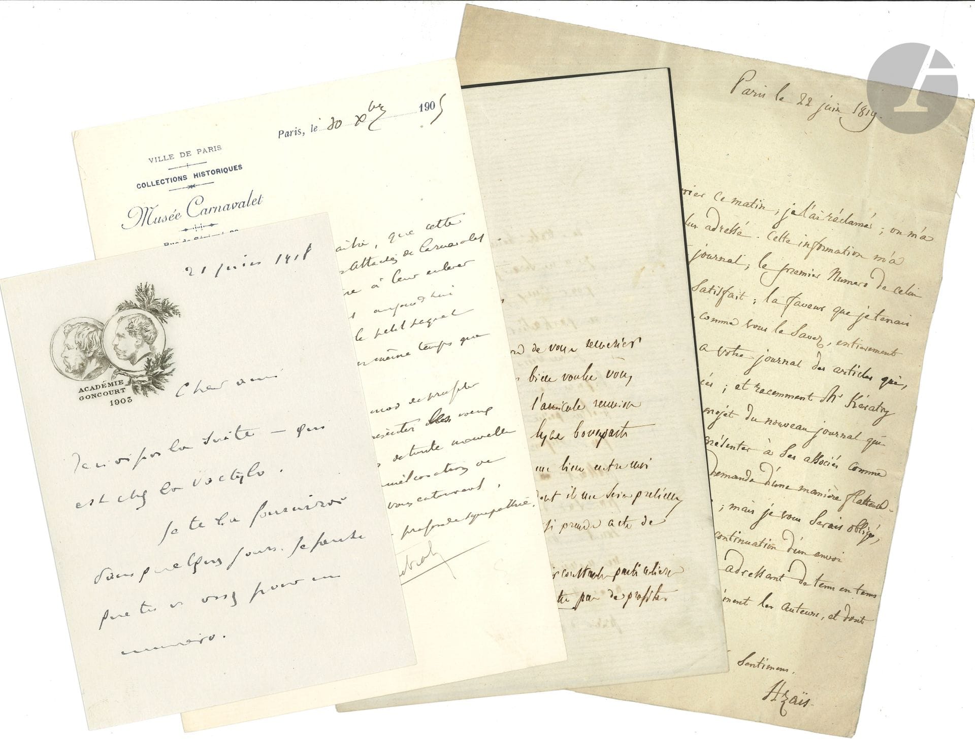 LITTÉRATURE. Environ 87 lettres ou cartes, la plupart L.A.S. 
On joint le menu du banquet Mallarmé au Lycée de Garçons de Tournon en 1948, signé par les convives ; et 3 photos de presse de Paul Claudel.

Jean Ajalbert, Alcanter de Brahm, Jean-Jacques Ampère (2, une à Daremberg, plus lettre de Charles Lenormant jointe), René Arcos, Emmanuel Arène, Claude Aveline, Pierre-Hyacinthe Azaïs (à Villenave), Auguste Barthélemy, Tristan Bernard, Léon Berthaut (à H. Lavedan), Charles Blanc (sur la polémique de son frère Louis Blanc avec « cet imposteur » d’Eugène Pelletan, 1847), Jean de Bonnefon, Henry Bordeaux, Roger Caillois, Elme Caro, José Corti, Henri Dabot, Maurice Dekobra, Casimir Delavigne, Hugues Delorme (2, à Georges Wague, avec poème et dessin), Édouard Delpit, Paul Déroulède, Antoni et Émile Deschamps, Édouard Drumont, Pierre Dufay (à Léon Deffoux), Henri Duvernois, Edouard Estaunié (2), Élie Faure (4 à un « camarade »), Paul Féval, Louis de Gonzague Frick, Firmin Gémier (à Renée de Brimont), Ludovic Halévy, André-Ferdinand Hérold, Curt Hirschfeld (à A. Saint-Paul, sur Stefan George), Maurice Joly (5), Henri Jouvin (sur le suicide de Léon Deffoux), Émile de La Bédollière (lettre d’enfance à son père avec poème, 3 à sa fille, et doc. joints), Arthur de La Guéronnière (2), Alphonse de Lamartine, Louis Lemercier de Neuville, Jean Lorédan, Albert Lumbroso, Hector Malot (carte de vis. et photographie), Frédéric Masson (4 à Renée de Brimont), Claude Mauriac (et son frère Pierre), Fernand Mazade (2), Catulle Mendès (4), Gabriel Mourey, Paul de Musset, Gustave Nadaud, Paul Neveux, Pierre de Nolhac, Pierre Nord, Jean-Baptiste Paulin (à Ed. Fournier), Charles Plisnier, Jean Psichari (à G. Geffroy et doc. joints), Henri Rochefort, Aurélien Scholl, Auguste Vacquerie (5), Willy (2, à F.P. Alibert).
On joint le menu du banquet Mallarmé au Lycée de Garçons de Tournon en 1948, signé par les convives ; et 3 photos de presse de Paul Claudel.