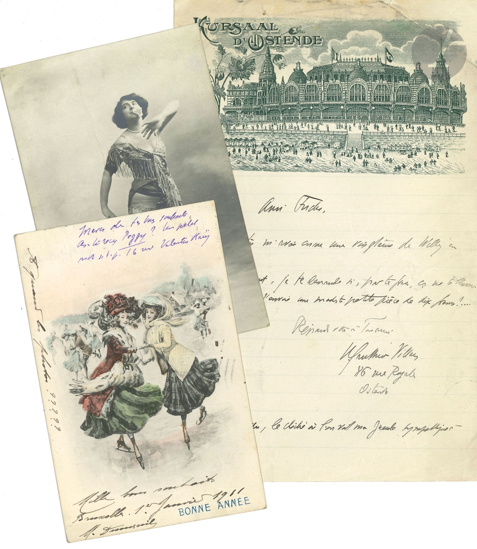 WILLY (1859-1931). 7 L.A.S. or cards to Paul Fuchs; various formats (2 postcards), plus 3 envelopes. 
10 L.A.S. from Madeleine de Swarte are enclosed. 

From Ostend (letterhead with vignette of Ostend Kursaal), he requests photos "of Willy in the car [...] Of course, the shot showing my friendly face at the door!" From Forges-les-Eaux, about a viscount: Meg implores Fuchs "not to speak of Ethel the billionaire to this gentleman whom she believes to be dangerously talkative"... On the dispatch of his Souvenirs littéraires... He is "pretty sure to have our act performed at the Monnaie"... Has he received Peggy [Les Imprudences de Peggy, by Meg Villars (translated by Willy)]?... Etc.
We enclose 10 L.A.S. from Madeleine de Swarte (1885-1951, Willy's secretary, collaborator and mistress) to Paul Fuchs (including 2 postcards.), about photographs, the sending of a "letter from the Ouvreuse", Willy "rather embarrassed from a 'clothing' point of view - as he says - owning for the moment only a tired suit jacket and an even more tired morning coat"..., about Marseille: "it's all full and beautiful... it's full of oysters and mussels... and Greeks... and many other things. - We eat bouillabaisse and have beautiful rooms overlooking the sea [...] Professional secrecy like at F. les Eaux. No one should know I'm in Marseille"...