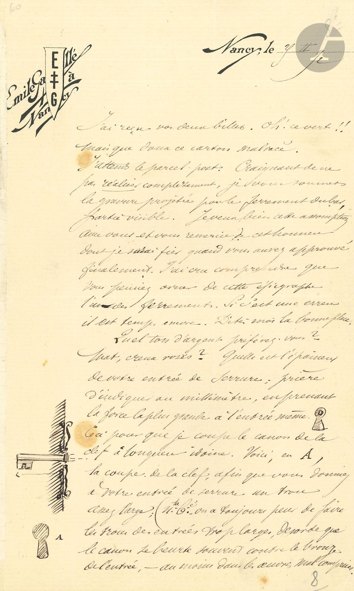 Émile GALLÉ (1846-1904). 2 L.A.S. « E.G. » avec croquis, Nancy 24 et 25 février 1892, à Robert de Montesquiou ; 1 et 2 pages in-8 à son en-tête (trace d’onglet).

Lettres illustrées concernant la construction d’une serrure pour une commode.
Il prie Montesquiou de lui envoyer la serrure et sa clef pour qu’il les fasse retailler. Il explique, à l’aide de 3 croquis en marge, qu’il veut assortir les pènes aux ferrements avec « un semis régulier de fleurs d’hortensias gravées »…
Explications sur la serrure avec 3 croquis, sur l’entrée de la serrure, la longueur du canon et de la clef. Gallé demande quel ton d’argent préfèrerait Montesquiou : « Mat, creux rosés ? »… Etc.