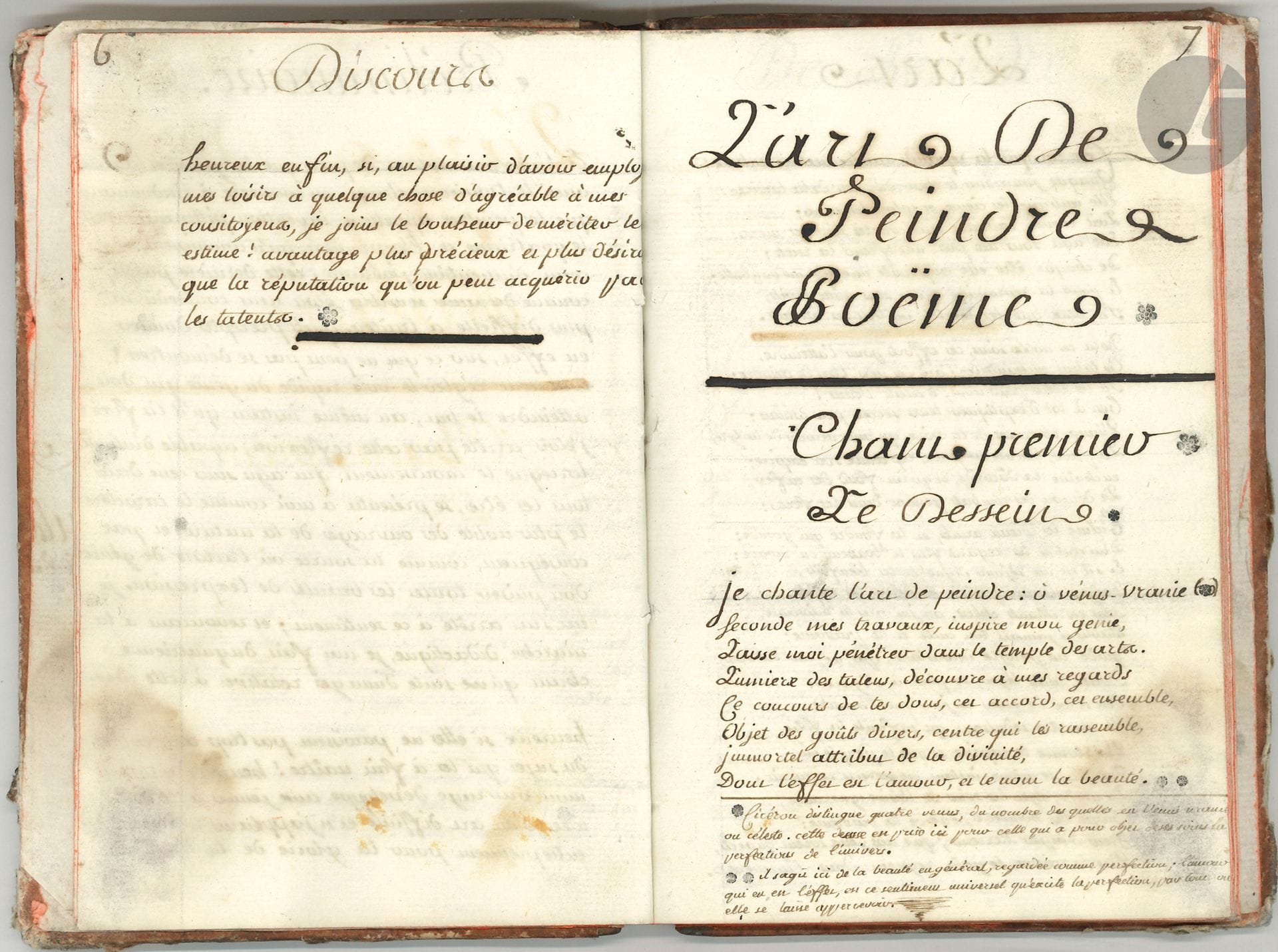 Claude-Henri WATELET (1718-1786). Manuscrit, L’Art de peindre, Poeme en quatre chants, [1740] ; 50 pages in-12, reliure demi-veau brun (usagée).

Copie d’époque, portant au bas du titre le nom d’Eric de Ferrières., et un cachet encre des Archives L. Bernascon.