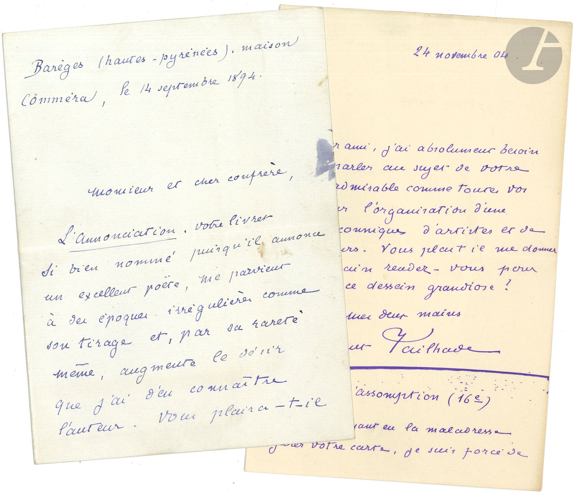 Laurent TAILHADE. 2 L.A.S. et 1 L.S., 1894-1896 et s.d., au poète Saint-Georges de Bouhélier ; 5 pages in-8, enveloppes. 
On joint 2 enveloppes au même, et 4 L.A.S. à divers, 1892-1915.

Barèges 14 septembre 1894. « L’Annonciation, votre livret si bien nommé puisqu’il annonce un excellent poëme, me parvient à des époques irrégulières comme son tirage et, par sa rareté même, augmente le désir que j’ai d’en connaître l’auteur ». Il espère pouvoir le rencontrer lors de sa venue à Paris, et lui « exprimer toute la sympathie que m’inspirent vos essais d’art »...
Lannemezan 30 novembre 1896 (lettre dictée), s’excusant pour la brièveté de son article de L’Écho de Paris sur les belles Méditations du poète. « À peu près aveugle depuis six semaines [à la suite de l’attentat du restaurant Foyot], c’est à grand peine que je lis quelques passages des livres préférés »… 
Il voudrait lui parler de son idée de loge « maçonnique d’artistes et de littérateurs »….
On joint 2 enveloppes au même, et 4 L.A.S. à divers, 1892-1915.