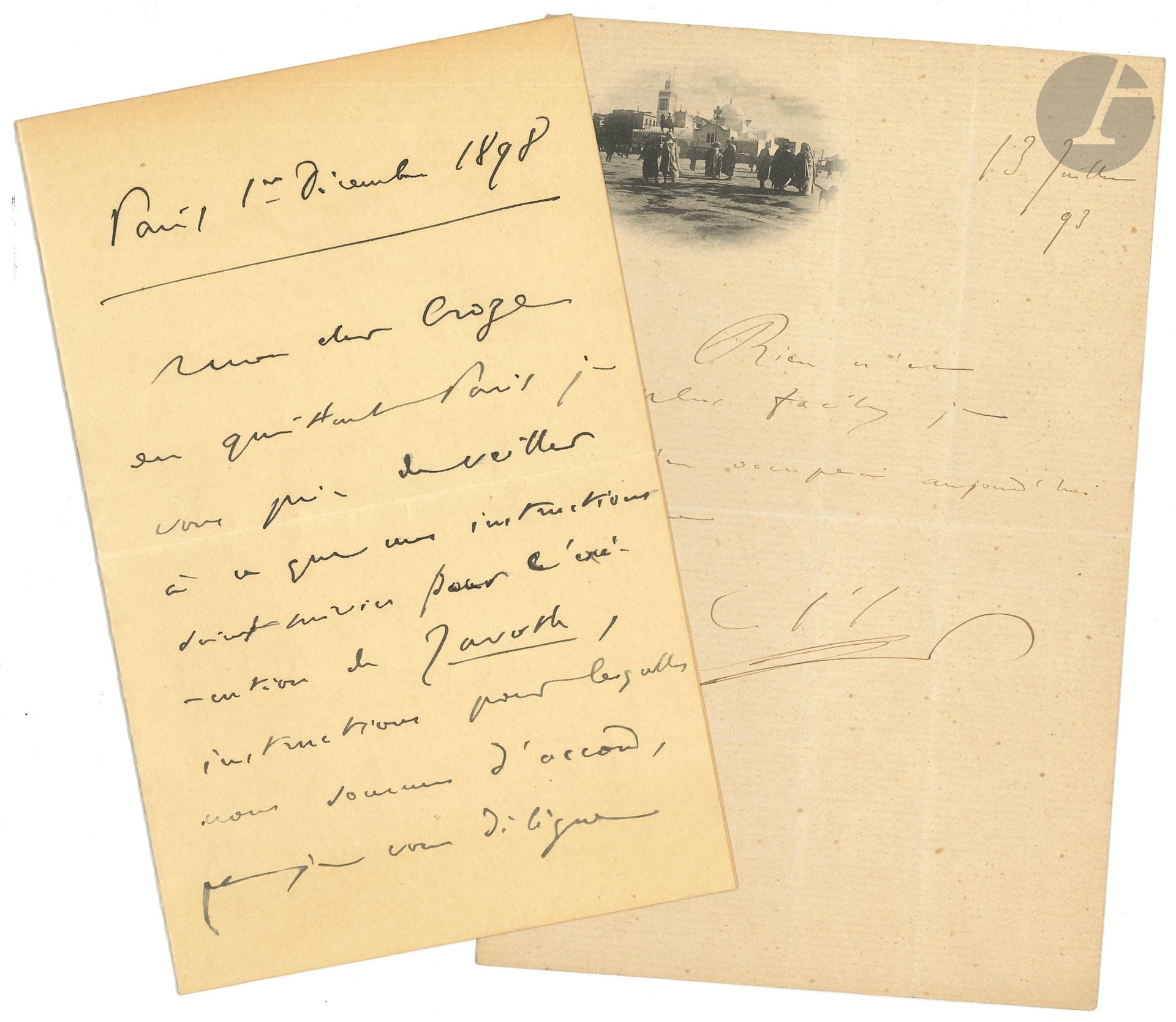 Camille SAINT-SAËNS (1835-1921). 8 L.A.S., 1893-1912, à Jean-Louis Croze ; 12 pages in-8 ou in-12, une enveloppe, une adresse. 
On joint un manuscrit autographe (1 p. in-fol.) de notes sur la gavotte « danse à mesure binaire qui paraît originaire du 16e siècle […] elle est devenue un morceau de fantaisie » ; une L.A.S. à M. Boyer lui demandant 2 places ; un carton d’entrée pour les obsèques de Saint-Saëns à l’église de la Madeleine, et la brochure imprimée des discours prononcés à ses funérailles.

Amusante correspondance au librettiste de son ballet Javotte (1899). Rendez-vous ; dîners (au restaurant de la gare St Lazare « où, à la lumière mystérieuse de lampes à incandescence électrique on peut tout en grignotant causer en toute sécurité ! ») ; exécution de Javotte (1er décembre 1898), pour laquelle il lui délègue tous les pouvoirs ; « L’auteur de la Tentation d’Antoinette consent de grand cœur aux conditions que vous m’avez proposées et s’inscrira comme membre honoraire des Escholiers. Mr de Trédern m’a chanté aujourd’hui Là-bas [sur des paroles de Croze] d’une merveilleuse façon, avec une chaleur et un éclat ! Je ne vous dis que ça » (Mercredi) ; « EYPHKA ! Je jouerai Souvenirs d’Ismaïlia » (s.d.)  ; le directeur de l’Opéra attend l’autorisation ministérielle (Londres 7 octobre 1912)…. Plus un amusant billet de Croze : « Maire Scie monde yeux I laid retroue V ce cher Sins anse. I laid tette O Canari »
On joint un manuscrit autographe (1 p. in-fol.) de notes sur la gavotte « danse à mesure binaire qui paraît originaire du 16e siècle […] elle est devenue un morceau de fantaisie » ; une L.A.S. à M. Boyer lui demandant 2 places ; un carton d’entrée pour les obsèques de Saint-Saëns à l’église de la Madeleine, et la brochure imprimée des discours prononcés à ses funérailles.