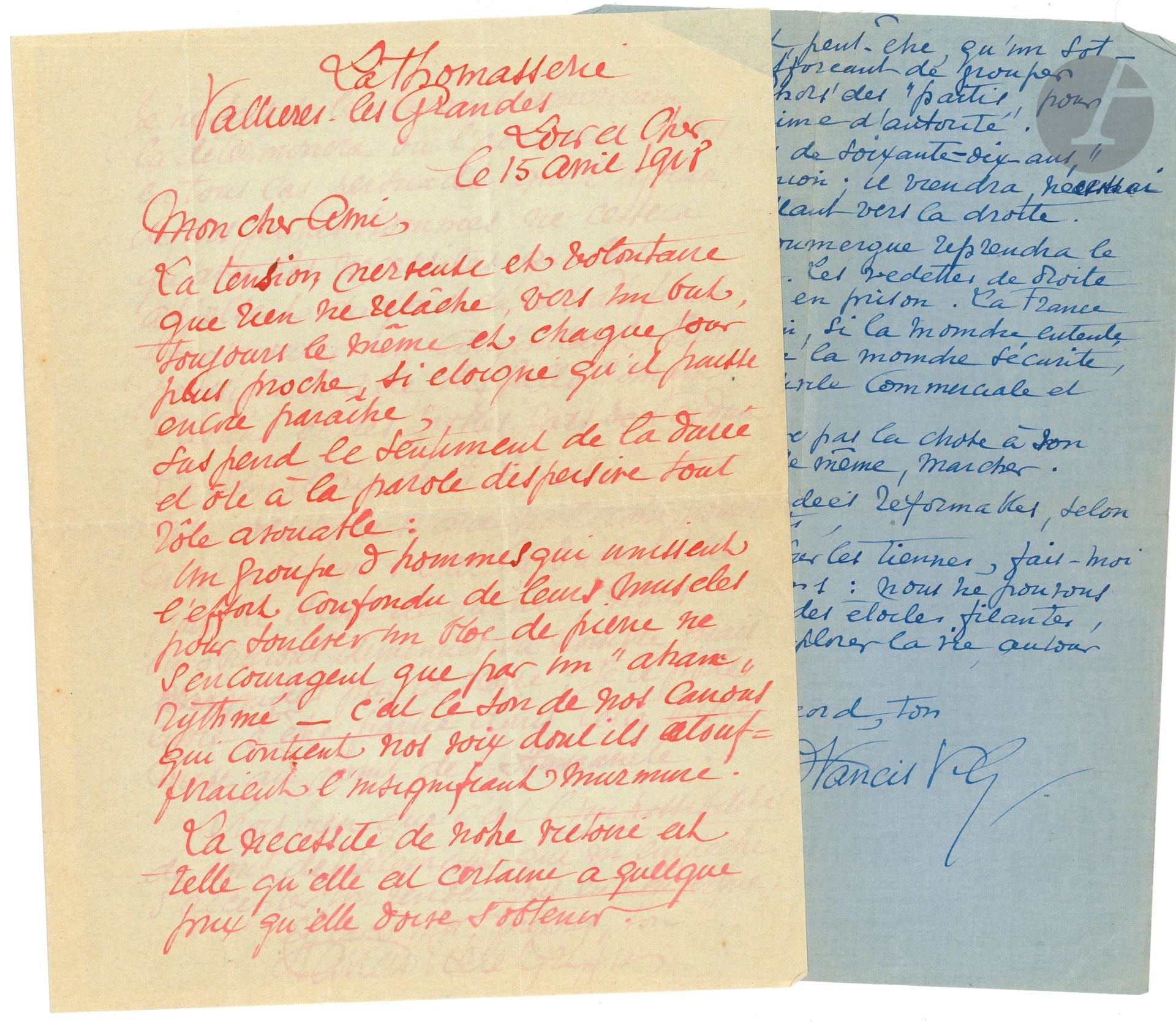 Francis VIELÉ-GRIFFIN (1863-1937). 16 L.A.S. et 2 L.S. (et 4 écrites par sa femme Marie), 1914-1936, au Colonel Achille Hepp ; env. 52 pages formats divers, qqs enveloppes (trous de classeur à certaines lettres). 
On joint 7 L.A.S. au même

Belle correspondance amicale du poète au militaire. 1914-1918. Encouragements et envois de colis (cigarettes, cigares, etc.) au Front pour ses soldats, décès d’amis, nombreuses discussions sur la politique, la guerre, etc. : « Les Allemands ou Boches combattent comme leurs ancêtres de la guerre de 30 ans […] notre devoir est de les réduire, de les dominer, et de leur montrer qu’ne effet la force, c’est le droit » ; « lâches boches tueurs de femmes et de petits enfants » […] misérables et méprisables Allemands, quelle race ignoble ! » ; « Est-ce que le Gal Pétain n’était pas avec toi à Arras ? »… Il s’inquiète pour Hepp blessé au genoux ; lui-même, « blessé civil assez ridicule », souffre d’une fracture à la rotule ; « Il semblerait qu’on se précipite avec autant d’inconscience vers un après-guerre plus redoutable que ne l’aura été la guerre même, qu’on est entré étourdiment dans un conflit qui entrainerait un demi suicide européen » ; « Les lâches sont peu nombreux, mais ils existent : ils se masquent volontiers de socialisme », etc. 1933-1936 : belles lettres de discussions littéraires et politiques…
On joint 7 L.A.S. au même, 1883-1932 : général Bricard, Jules Cambon, Paul Casimir-Périer (2) ; Franchet d’Espérey (2), Adrien Mithouard, plus la copie d’une lettre du gal Rouvier.