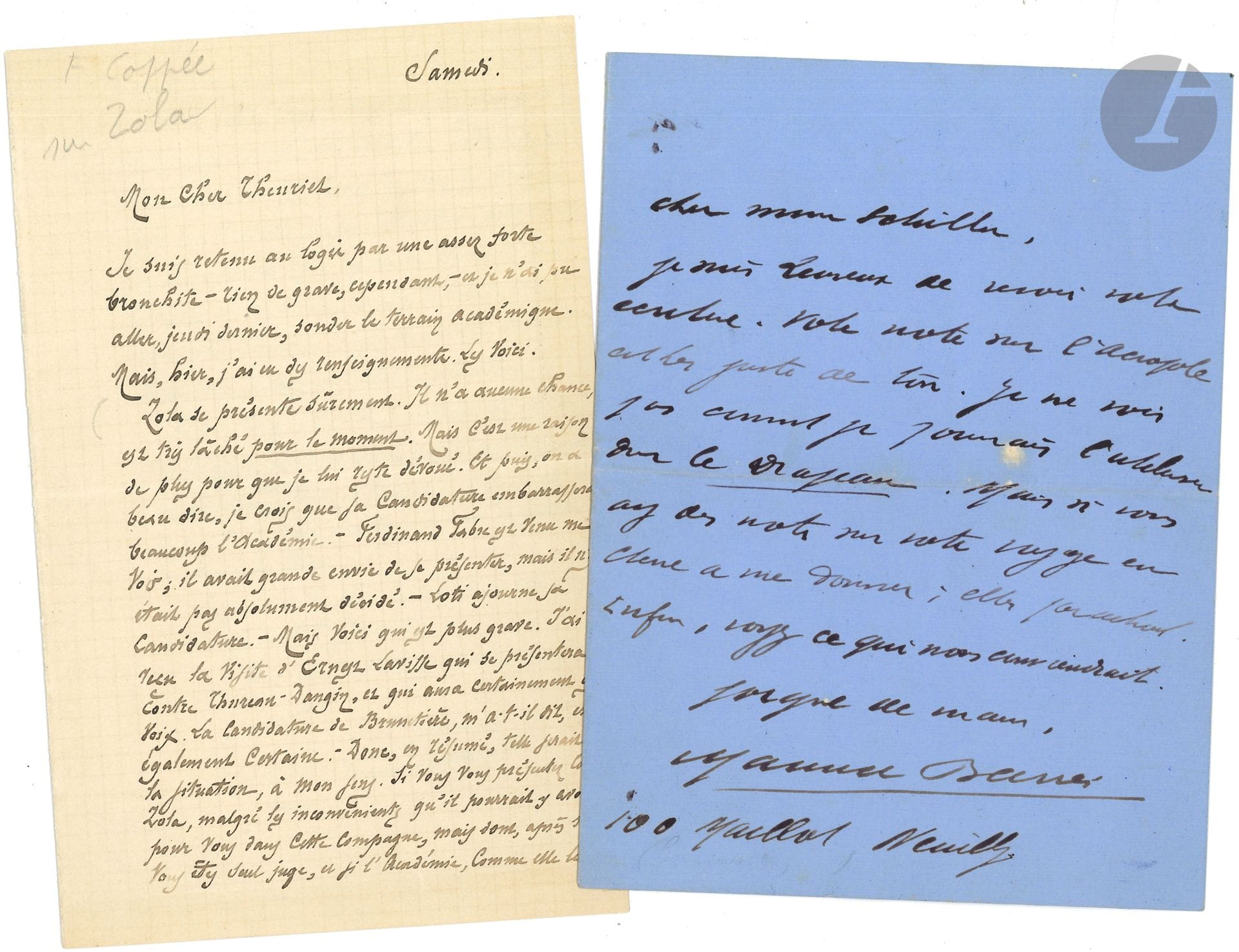 LITERATURE. 39 letters or pieces, mostly L.A.S.

Maurice Barrès (5, 1903-1909, to Louis Rouart, Jean Schiller, Maurice Talmeyr), Eugène Brieux, Francis Carco (11 to H. Fouras, 1937-1953), Francis Charmes, François Coppée (4, one to A. Theuriet on Zola's academic candidacy), Édouard Drumont (plus a visiting card), Paul Fort, André Frénaud (and poem a.s. Île de France), Paul and Victor Margueritte (6), Ephraïm Mikhaël (to R. Darzens), Georges de Porto-Riche (2), Jules Romains (4).