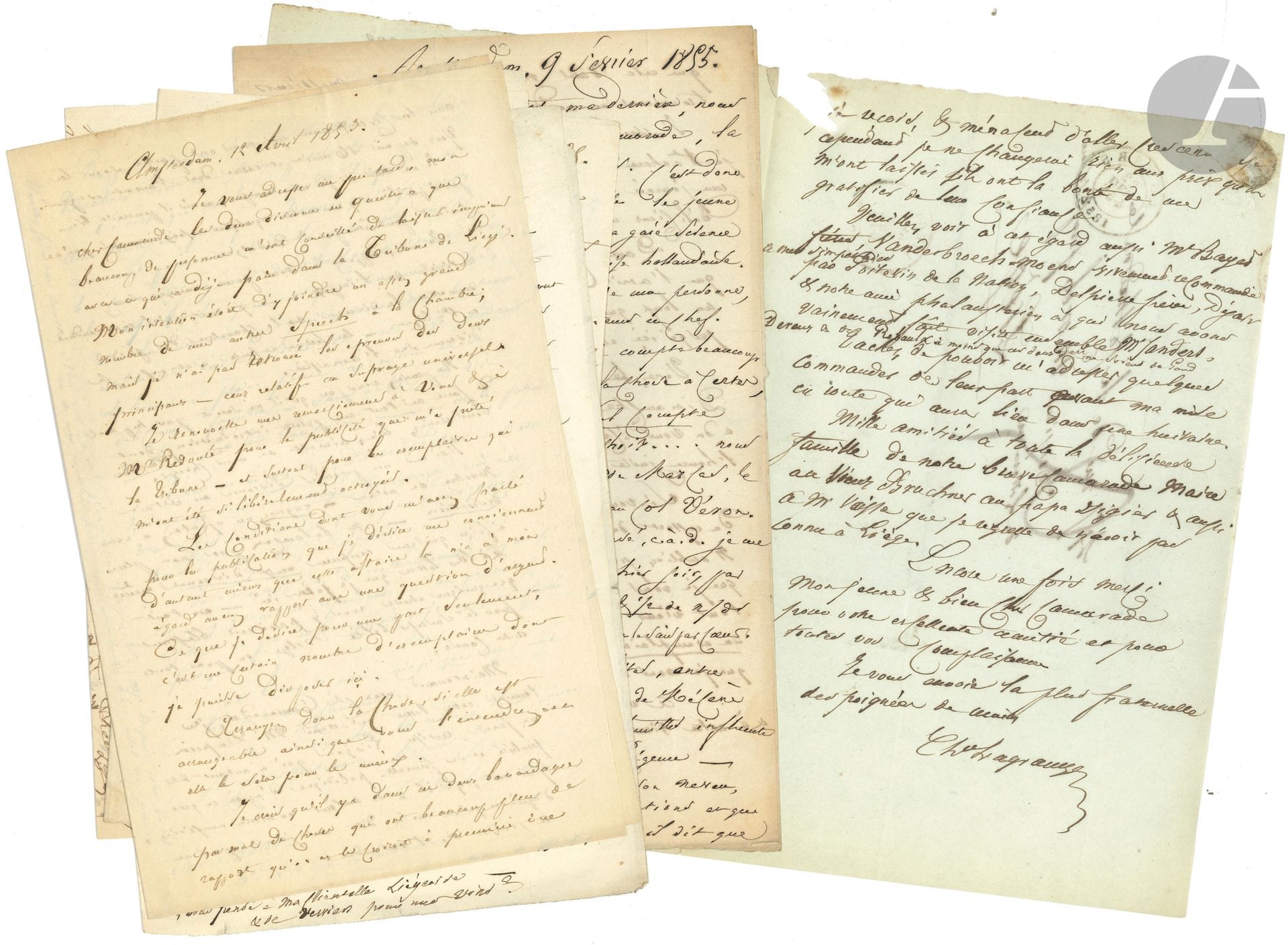 Charles LAGRANGE (1804-1857) revolutionary politician. 6 L.A.S., Antwerp then Amsterdam 1852-1855, to M. Morel in Liège, Dordrecht and The Hague; 17 pages in-8, 4 addresses.

Long political letters from his exile in Belgium and the Netherlands.
Antwerp December 22, 1852.  He wanted to print his speech before the Chamber of Peers and the one on amnesty, to make known to Belgium: "the sentiments which have always directed the honest part of the party in its long struggle with Royalty, &amp; by remaining a profession of faith for the future somewhat in opposition to all these contradictory manifestos, which divide opinion &amp; make it a scarecrow for fools"... Amsterdam April 12 and June 5, 1853. He would like to add to his speeches the one on universal suffrage, even if it means making a few cuts so as not to offend Belgian sensibilities... February 6, 9 and 21, 1855, he calls Morel his "godson"; he speaks of an aborted meeting "in this country of religious freedoms, chased from our literary altar &amp; all of free thought"; he leaves his hotel and tells of his new move in.... Etc.