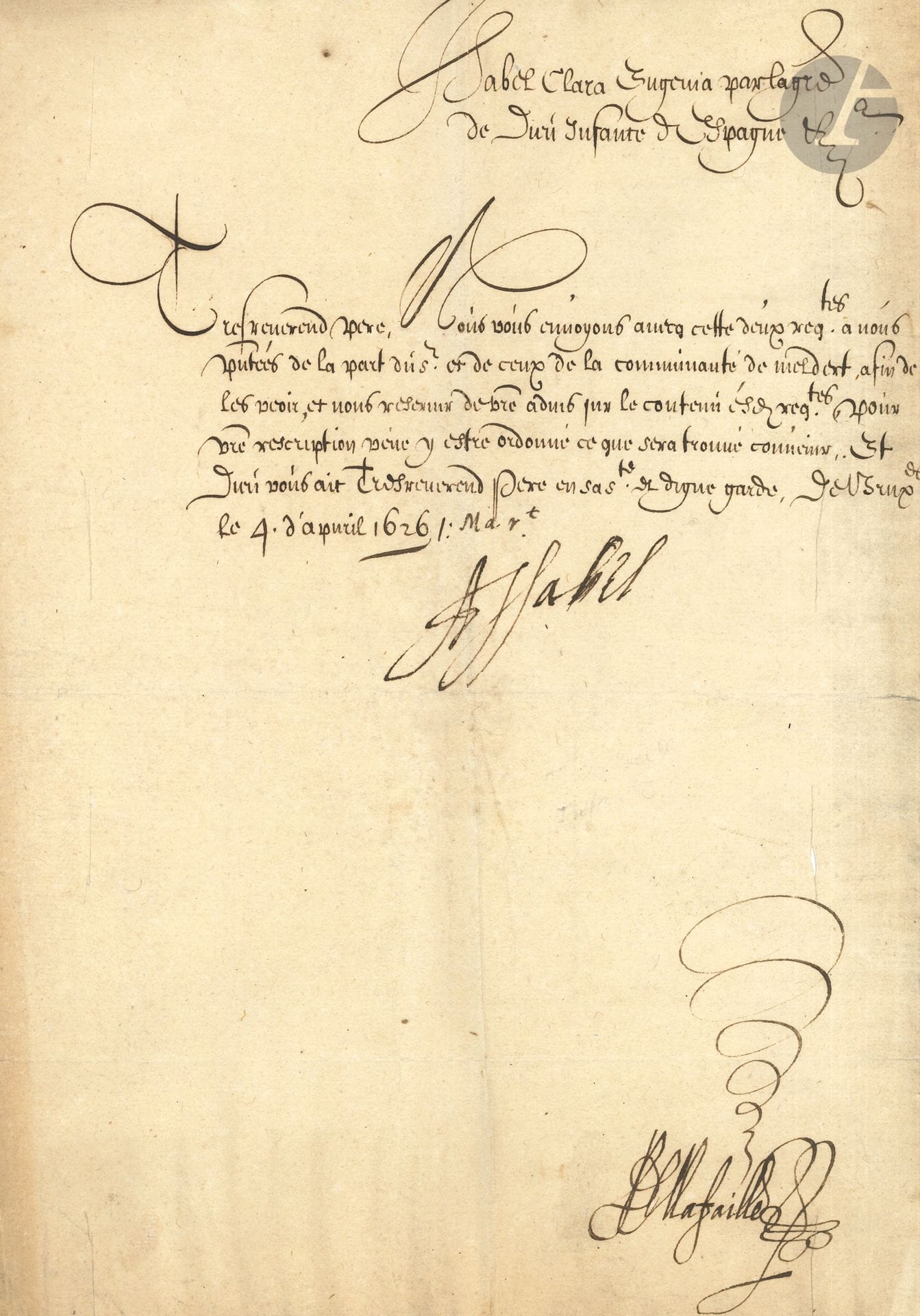 PAYS-BAS ESPAGNOLS. 2 L.S. par des gouvernants, Bruxelles 1626-1636, à un révérend père ; 1 page in-fol. ou in-4 chaque.

Isabelle d’Autriche, Infante d’Espagne, gouvernante des Pays-Bas (1566-1633), 4 avril 1626 (contresignée par Jean-Charles della Faille), concernant des requêtes de la communauté de Meldert.
Ferdinand d’Autriche, cardinal-infant (1609-1641), 31 décembre 1636. Il fait part « de l’election faicte a Ratisbonne de la personne du Roy de Hongrie [Ferdinand III] pour Roy des Romains » et demande de faire chanter le Te Deum.
