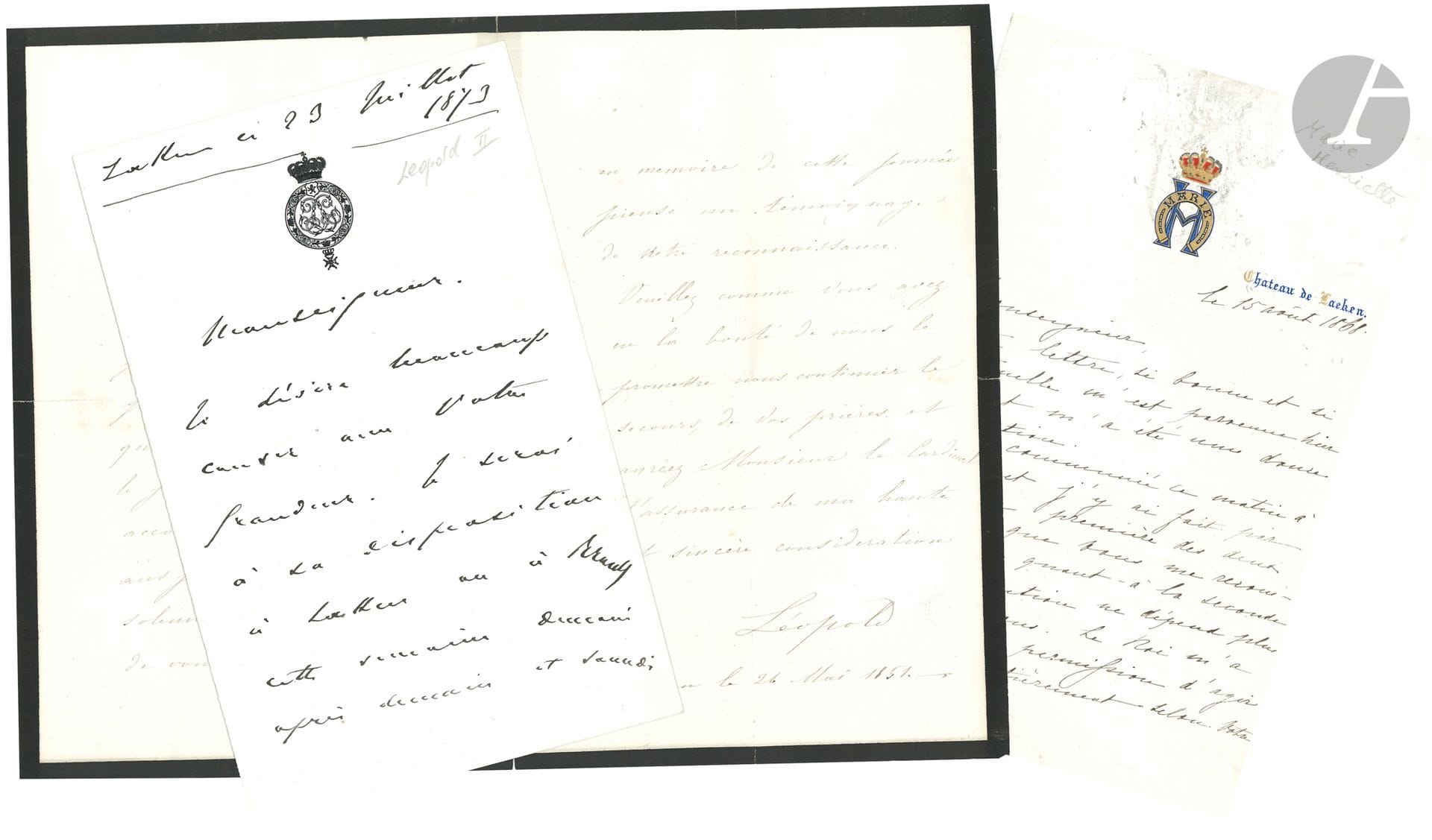 BELGIQUE. 3 L.A.S., Laeken 1851-1873.

Léopold 1er (24 mai 1861, à un cardinal). Marie-Henriette (15 août 1868). Léopold II (23 juillet 1873).
