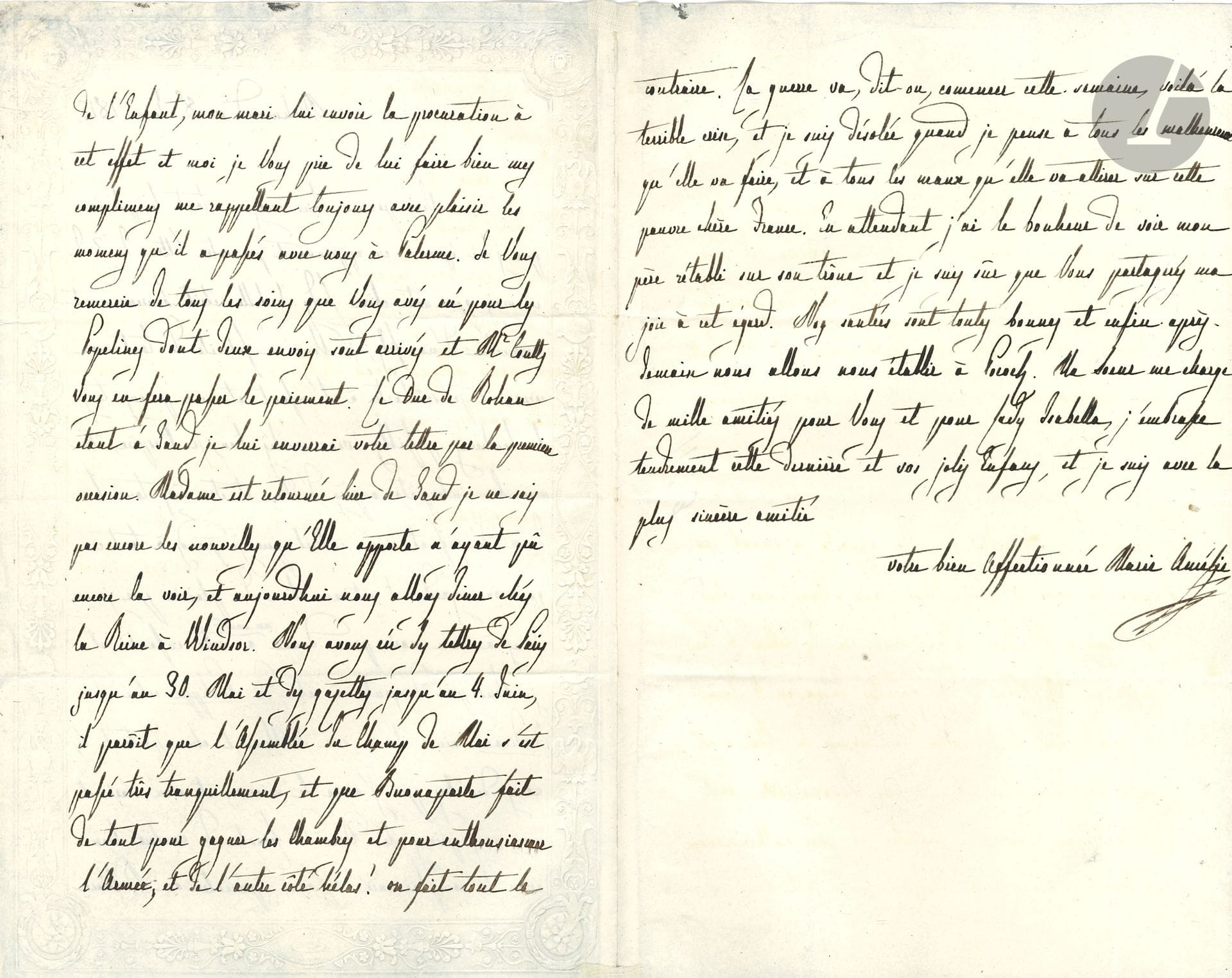 MARIE-AMÉLIE (1782-1866) Reine des Français, épouse de Louis-Philippe. 5 L.A.S. (2 d’un paraphe), 1815-1826 ; 6 pages in-8, 3 enveloppes. 
On joint une lettre de la part de la duchesse douairière d’Orléans, au Premier Président baron Séguier.

Richmond 8 juin 1815. Elle se réjouit de la nouvelle « que notre chère Lady Isabelle étoit heureusement accouchée d’un fils », auquel son mari veut bien donner son nom avec celui de Ferdinand : « ainsi il me sera doublement cher portant les noms des êtres que j’aime le mieux » ; ils prient le duc de Leinster de les représenter au baptême. Elle annonce que « Madame est retournée hier de Gand » ; à Paris, « il paroit que l’Assemblée du Champ de Mai s’est passé très tranquillement, et que Buonaparte fait de tout pour gagner les Chambres, et pour enthousiasmer l’Armée ; et de l’autre côté hélas ! on fait tout le contraire. La guerre va, dit-on, commencer cette semaine […] je pense à tous les malheureux qu’elle va faire, et à tous les maux qu’elle va attirer sur cette pauvre chère France. En attendant, j’ai le bonheur de voir mon père rétabli sur son trône »…
À Mrs Forbes. Twickenham 24 août 1815, pour remettre d’un jour leur partie, car demain son mari est « obligé d’aller à un grand dîner que donne le Cte de La Châtre pour celebrer la fête du Roi »… 8 septembre, l’invitant à venir avec sa fille dîner « avec nous » avant de retourner en ville. 19 octobre. Félicitations sur la naissance d’un petit-fils : elle s’empressera d’en donner la nouvelle à son mari. « Appellé par le Roi pour se trouver à l’ouverture des Chambres, qui devoit avoir lieu le 25 7bre il a été obbligé de partir sur le champ, je crains que les affaires ne lui permetteront pas de revenir de sitôt, et c’est une vraie peine pour moi »…
Neuilly 21 octobre 1822. Envoi d’une somme pour Élise Valmont, et de l’adresse d’un ébéniste qui « a fait des chaises très jolies pour la Dsse de Berri à 18 frs pièce »… Randan 30 juin 1826. Autorisation de passer une semaine à Neuilly, en leur absence, pour prendre des bains de rivière pour des foulures : « cela dérange les regles que nous avons établies, mais pour cet objet nous y consentons avec plaisir »…
On joint une lettre de la part de la duchesse douairière d’Orléans, au Premier Président baron Séguier.