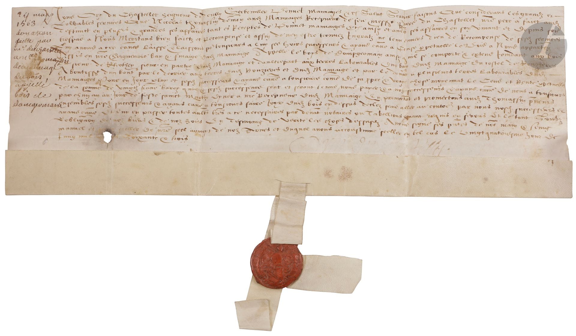 LORRAINE. 2 P.S., Mauvages (Meuse) 1563-1602 ; vélins 15 x 36,5 cm, avec sceau de cire rouge aux armes pendant sur queue (petit trou), et 38 x 57 cm, 3 sceaux aux armes sous papier pendant sur doubles queues.

24 mai 1563. Donation par Ory Du Chastellet, seigneur de Mauvages, du bois dit de Domgermain reçu de feu son père Pierre Du Chastellet, à Nicolas Thomassin, receveur de feu son père, en reconnaissance de ses grands services, et moyennant un cens de 20 francs barrois… 22 juillet 1602. Dénombrement pour le Roi par Varin de Savigny, seigneur de Mauvages, de la seigneurie de Mauvages, pour la partie mouvant de la Couronne, dont le bois de Domgermain, d’une contenance de 70 arpents…