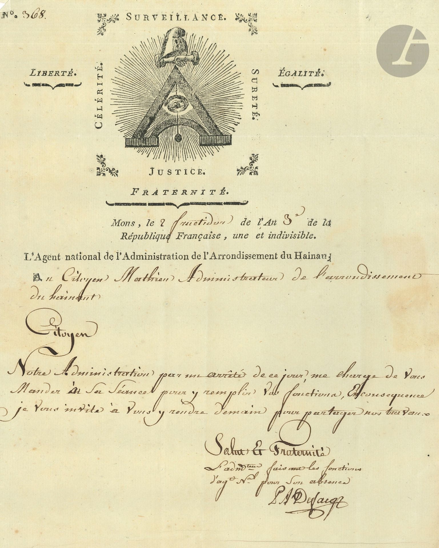 BELGIUM. 11 L.S. or P.S., 1794-1810; numerous letterheads and vignettes.

Belgium during the Revolution. Letters and documents concerning the Dyle and Lys departments; the cities of Bruges, Gand, Grammont, Mons, Nivelles. 2 L.S. by Abrial, Alexandre Berthier.