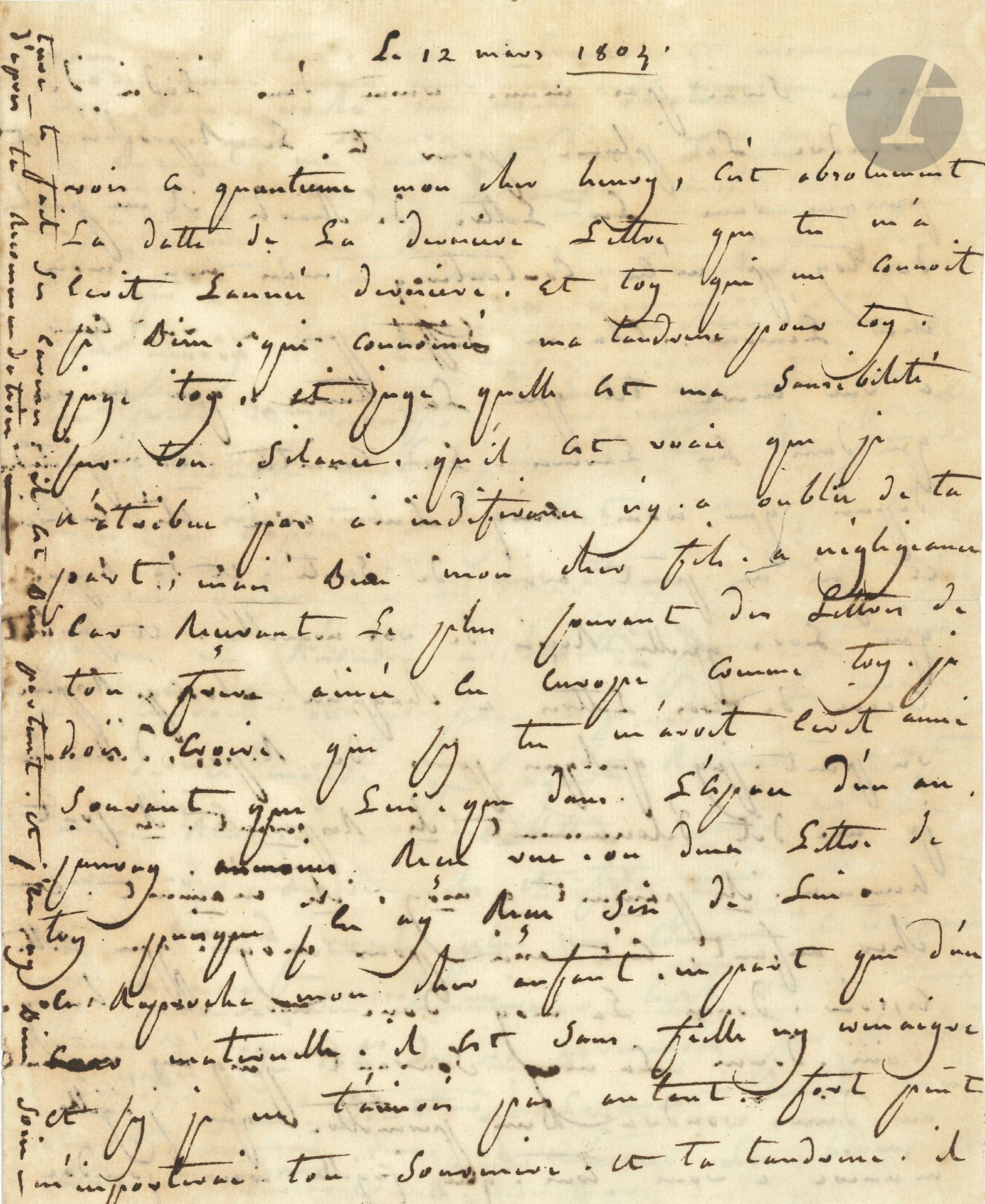 Jeanne Le Roux de la Chapelle, baronne TASCHER DE LA PAGERIE (1754-1822) épouse du précédent. L.A.S., [au Vauclin, Martinique] 12 mars 1804, à son fils Henri (1785-1816, futur général d’Empire) ; 4 pages in-4.

Elle lui reproche son silence, et lui témoigne tout son amour maternel. « Mais non mon cher Lamour, cela ne suffit pas à un cœur à une mère telle que la tienne », car depuis que ses fils sont partis combattre en France, elle ne vit plus que dans la crainte et l’inquiétude, qui ne se dissipent que lorsqu’elle reçoit des lettres. « Alors je respire un peu, j’ai quelques jours de repos, d’illusion, je me dis délicieusement ils respirent ; ils sont heureux, ils pensent à moy ; ils m’aiment. Et cher enfant, c’est assez pour moy que cet espoir. Donne le moy donc mon cher Henry ». Elle songe à venir en France pour les voir et les embrasser, mais l’idée d’habiter Paris l’effraye. « En conséquence je demande une chaumière à huit ou dix lieues de Paris du côté de la Normandie sur le bord de la Seine, dont le logement serait assez commode pour y passer même les hivers et vous y recevoir tous mes chers neveux, nièces et enfants [...]. Je demande une chapelle pour pouvoir prier pour vous tous tout à mon aise et sans bouger de chez moi hormis la visite de reconnaissance, de devoir et d’amitié que je ferai à mon arrivée en France au Premier Consul, à sa famille, à ma chère nièce, à sa fille »...