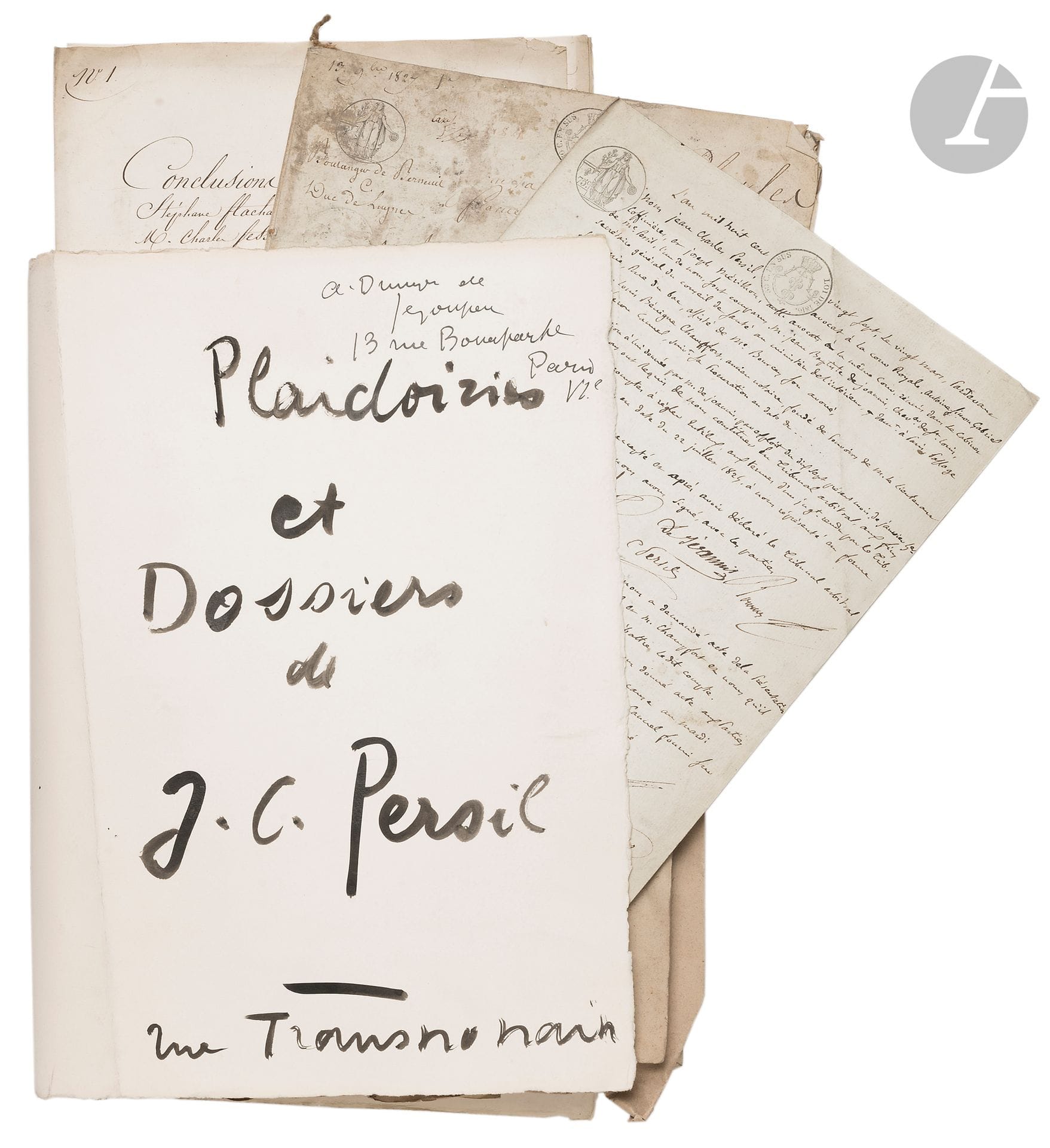 [Jean-Charles PERSIL (1785-1870) magistrate and politician]. Approximately 60 letters or documents (some wetness and blemishes).

Important archive.
On his activity as a lawyer: arbitration co-signed on several occasions by fellow lawyers between J.B. de Joannis and former notary Champfort (1827); reasoned conclusions, signed by Stéphane Flachat against Charles Fessart (1826); procedural memoranda: Boulanger de Berneuil against the Duc de Luynes (1827)...
Correspondence received as deputy of the Gers, 1833-1836, from Lectoure, Lombez, Condom, Agen..., some letters as Minister of Justice, with the statutes of the Banque foncière founded in Belgium.
Notes de plaidoiries (with attached doc.) concerning the case of Haussmann vs. Oudin, on the Soubise estate.
Accounts for his house on rue des Jeûneurs; lease and inventory of premises for house on rue de l'Université.
Copies of police investigations concerning the barricades in rue Transnonain (1834).
Provenance: archives of his descendant André Dunoyer de Segonzac (autograph folder signed: "Plaidoiries et dossiers de J.C. Persil - rue Transnonain"; duplicate correspondence with a cousin, l.a.s. and ms from Jean Adhémar).