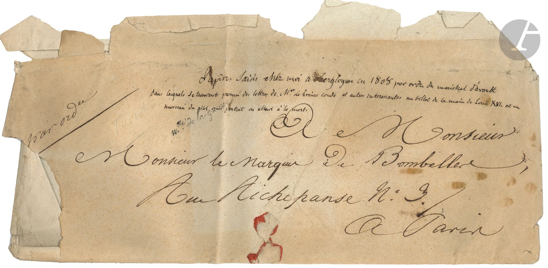 Marc-Marie, marquis de BOMBELLES (1744-1822) diplomate, il se battit vaillamment dans l’Émigration et fut chargé d’importantes missions ; après la mort de sa femme, il entra dans les ordres, devint évêque d’Ober-Glogau, et en 1819 évêque d’Amiens.

Intéressant ensemble de documents concernant son rôle dans l’émigration, et la saisie de ses papiers.
A. DOSSIER relatif à la saisie de ses papiers à Oberglogau en 1808, et à leur restitution en 1816 par le duce de Feltre.
 Général Pajol : P.A.S., 10 novembre 1808 (1 p. in-4) ; ordre au capitaine Servan d’arrêter Bombelles et de saisir ses papiers.
 Général Pajol : L.A.S., Oberglogau 15 nov. 1808 (3 p. in-fol.), au maréchal Davout, duc d’Auerstedt, racontant la saisie des papiers et ses vaines recherches pour retrouver Bombelles.
Procès-verbal de la saisie des papiers, 15 novembre 1808 (2 p. in-fol.).
Colonel Servan : L.A.S. à Bombelles, 5 novembre 1814 (3 p. in-4), protestation de royalisme, et dénonçant les persécutions exercées contre le marquis sous « le règne odieux de l’usurpateur ».
Duc de Feltre : L.S. à Bombelles, 15 mars 1816 (1 p. in-4), lui remettant les papiers qui avaient été saisis en 1808.
Grande enveloppe ayant contenu les papiers saisis, et renvoyés à Bombelles (cachets de cire du Ministère de la Guerre), annotée par le marquis de Bombelles : « Papiers saisis chez moi à Oberglogau en 1808 par ordre du maréchal Davout dans lesquels se trouvent parmi des lettres de Mgr le Prince Condé et autres interessantes un billet de la main de Louis XVI et un morceau du gilet qu’il portoit en allant à la mort ».
B. 6 minutes autographes (sauf une) de lettres de BOMBELLES, saisies en 1808, et sur lesquelles on a apposé le cachet du Sénat de Glogau (8 p. ½ in-fol., 4 p. in-4) ; toutes écrites de Brünn en 1799 et 1800. Il proteste contre la dictature de Buonaparte ; il écrit à Condé en rappelant ses services pour la cause royale ; il demande d’intervenir en sa faveur près du Tsar Paul Ier ; il rappelle ses services et son amitié pour l’Angleterre ; « Route que pourroit prendre un corps de 4 à 5000 en se rendant de Lintz à Kuxhaven pour y trouver un embarquement préparé et combiné avec la marche de ce corps ».
C. 6 lettres adressées à Bombelles, 1797-1807, et saisies dans ses papiers (et sur lesquelles on a apposé le sceau de cire). Lettres de Furmas de Périès, de la princesse douairière de Monaco, du duc d’Harcourt, du baron de Dominique, du comte de Damas, du comte du Cayla. Intéressantes lettres sur l’Émigration, sur l’armée des Émigrés, sur le Prince de Condé, le duc d’Enghien, etc.
On joint une L.S. de Maximilien-Joseph de Bavière (Munich 6 janvier 1814), 2 L.A.S. du Prince Charles de Lorraine, et deux autres lettres, adressées à Bombelles.