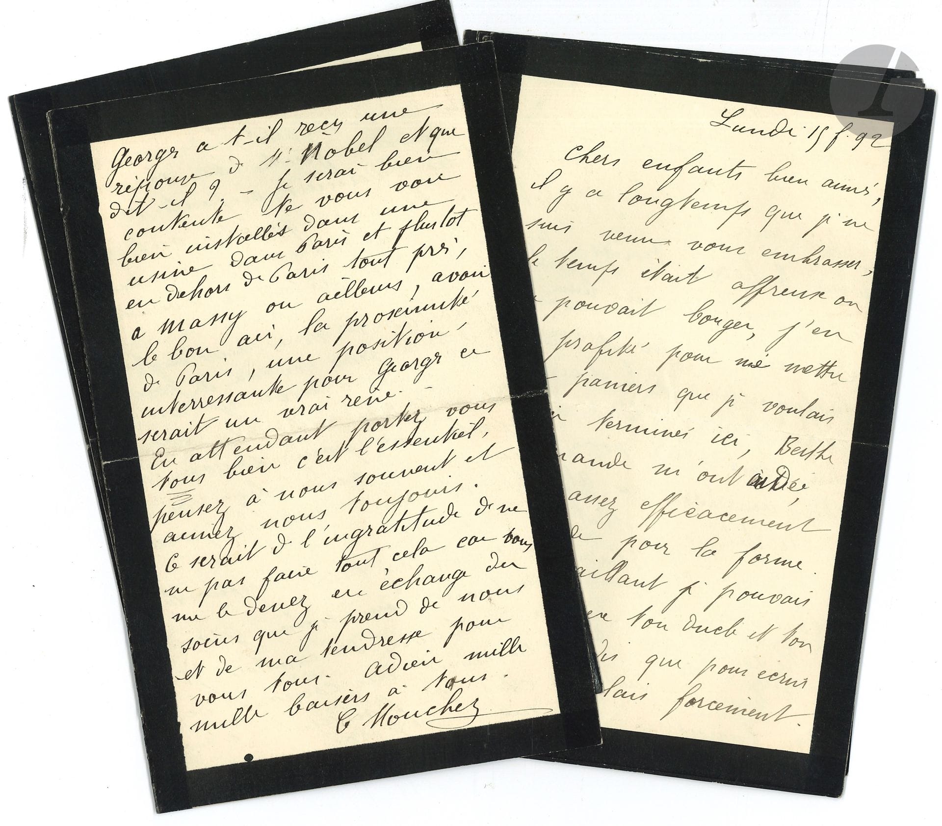[Ernest MOUCHEZ]. Carlota MOUCHEZ née Finat (1843-1931) wife of the admiral. 9 L.A.S., 1892, to her daughters Marguerite and Marie; 30 pages in-8 (mourning).

Ernest Mouchez's last voyage. In February and March 1892, Ernest Mouchez made a final trip to Algeria and Italy, accompanied by his wife and their two youngest daughters, Berthe and Fernande. This trip enabled him to meet relatives in Algeria: his brother Frédéric-Valentin Mouchez, and his seven children. This branch of the Mouchez family owned farms in the communes of Palestro (Lakhdaria), Isserville (Isser) and Draâ El Mizan, all located in Grande Kabylie. The present correspondence, written from Algiers, Constantine, Biskra, Naples, Rome, etc., was intended for the couple's two other daughters who remained in France, Marguerite (Margot) Fehrenbach and Marie Lachelier: arrival in Algiers, trip to El Biar to meet an old acquaintance, trip to and settlement in Chabet el Ameur (Isserville commune), work on the family farm, excursion to Blida, arrival in Constantine then Biskra, stays in Naples and Rome. There are also references to the family, in particular Margot's husband, the chemist Georges Fehrenbach, a collaborator of Alfred Nobel. The last letter, written from Turin after Ernest Mouchez's death on June 25, 1892, refers to a further stay in Italy in September of the same year.