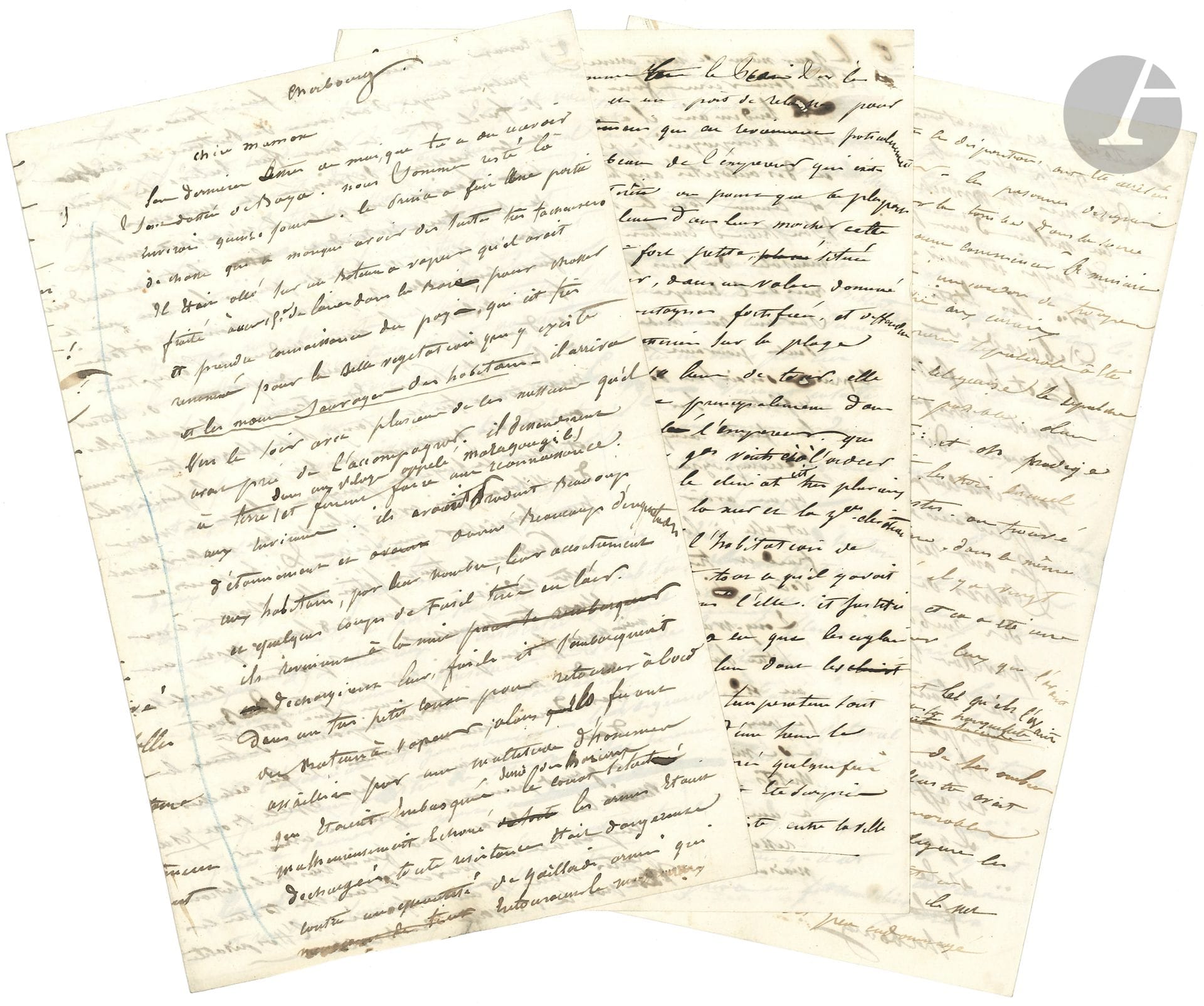 [NAPOLÉON Ier]. Jean-Marie BAZIN (1815- ?) enseigne de vaisseau sur la Belle-Poule. L.A.S., Cherbourg [début décembre 1840], à sa mère ; 12 pages in-8. 
On joint 3 documents imprimés de l’époque sur le retour des cendres : chansons et éloge funèbre.

Longue lettre, faisant le récit de son voyage à Sainte-Hélène pour aller chercher les cendres de Napoléon.
Il raconte la halte à Bahia où le prince de Joinville a voulu faire une partie de chasse et a été attaqué, puis l’arrivée à Sainte-Hélène, la visite à Longwood : « Tout a été dégradé d’une manière honteuse pour la nation anglaise. Ils ont fait une mauvaise ferme d’une habitation qu’ils auraient dû bruler pour ensevelir dans les flammes une partie de leur ignominie. La chambre de l’empereur est devenue une écurie »… Puis c’est l’exhumation de Napoléon : « on a procédé à l’ouverture : et oh prodige étonnant après avoir ouvert les trois cercueils […] on trouvé l’empereur Napoléon lui-même, dans le même état qu’il y avait été déposé il y a vingt ans […] Tout donc était intact la figure les mains les vêtements car il était en gd uniforme ». Puis c’est l’embarquement et le retour jusqu’à Cherbourg…
On joint 3 documents imprimés de l’époque sur le retour des cendres : chansons et éloge funèbre.