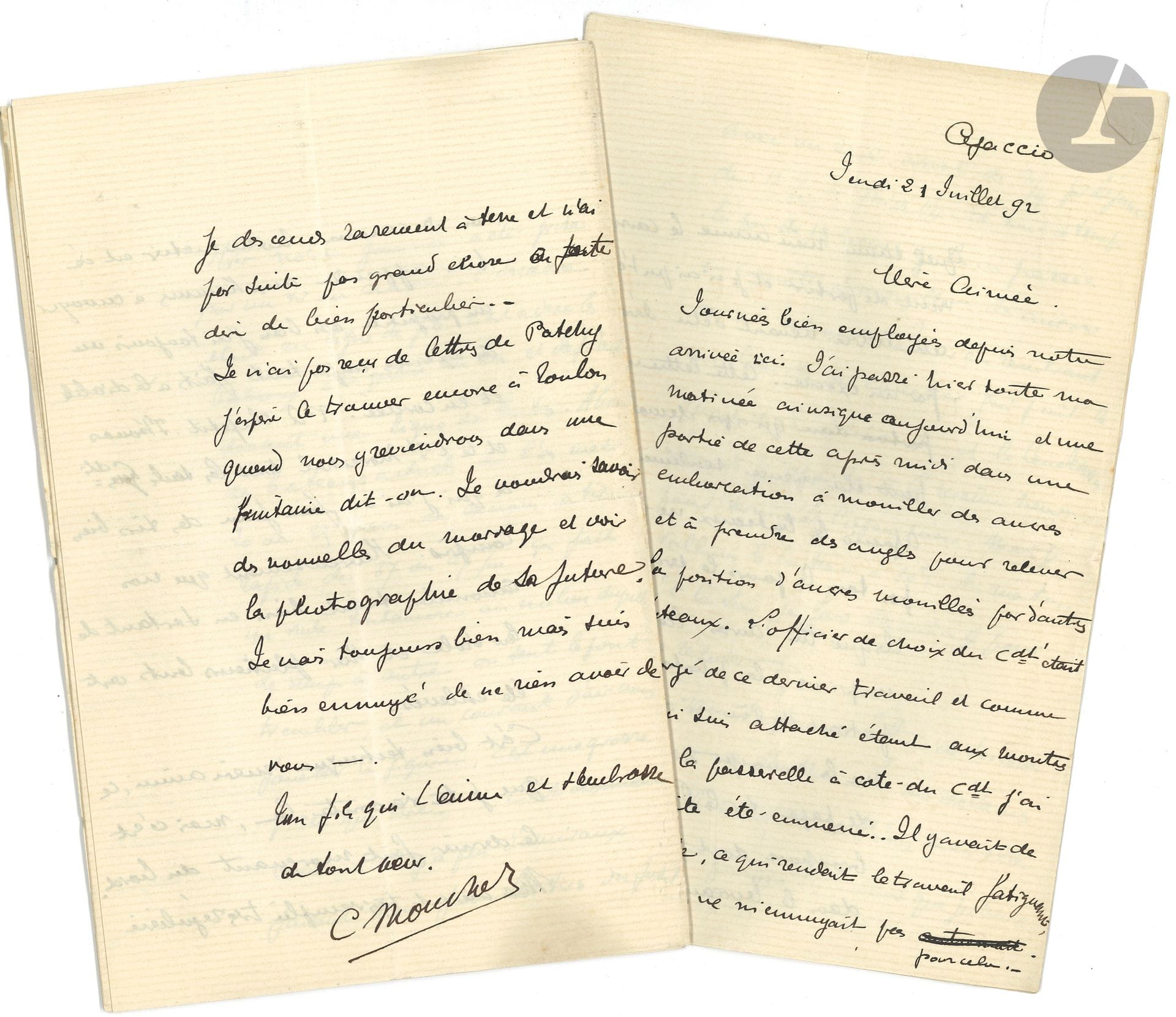 Charles MOUCHEZ. 53 L.A.S., 1892, à sa famille ; 250 pages in-8.

Chronique d’une navigation en Méditerranée.
Entré dans la Marine en 1885, Charles Mouchez était le fils d’Ernest Mouchez, directeur de l’Observatoire de Paris. Promu enseigne de vaisseau en 1891, il effectua l’année suivante un voyage à bord du Richelieu, une frégate cuirassée à deux hélices appartenant à l’escadre de la Méditerranée (escadre de réserve). Celle-ci quitte Toulon le 2 juin 1892 pour la rade des Salins d’Hyères, puis se rend à Golfe Juan le 16. L’étape suivante est Ajaccio, où elle stationne du 19 au 28 juillet, puis Bastia le 29, avant de revenir aux Salins d’Hyères le 31 juillet. À partir du 9 août ont lieu des manœuvres à Golfe Juan, puis elle retourne à la rade des Salins d’Hyères. Le 17 septembre, l’escadre est de retour à Toulon pour y passer l’hiver.
La présente correspondance, de Toulon, Golfe Juan, Villefranche, Ajaccio et Bastia, s’étend du 25 avril au 29 octobre 1892 ; elle est constituée de 39 lettres à sa mère, 10 lettres à son père (décédé le 25 juin), et 4 lettres à ses sœurs. Il y parle de son installation à bord, de l’organisation de l’escadre placée sous les ordres du vice-amiral Vignes, de l’état-major du Richelieu commandé par le capitaine de vaisseau Melchior, des postes attribués à Mouchez, des essais d’appareillage, des approvisionnements, du matériel à embarquer, des visites à terre, de l’arrivée de bâtiments de guerre, du service à bord, des exercices (tir au canon, signaux), des manœuvres, de la navigation, de l’organisation des quarts, des inspections, de la disparition de son père, de sa succession à l’Observatoire et de la parution de son dernier travail sur l’hydrographie, des nouvelles de la famille, etc.