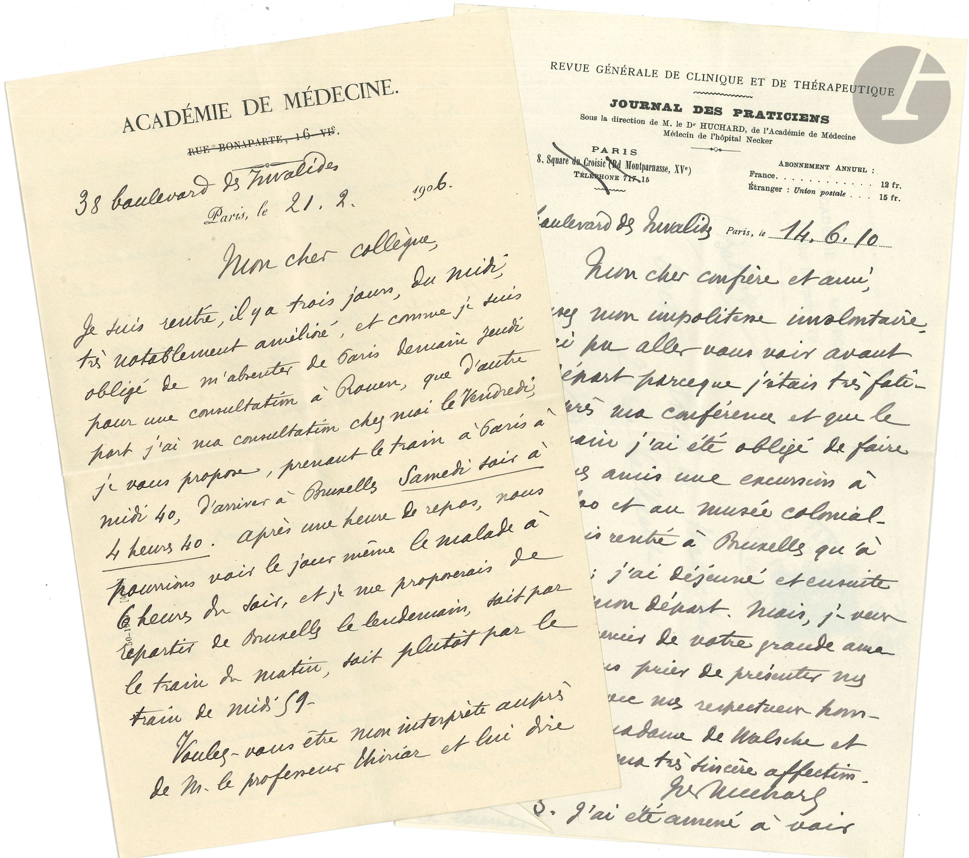 Henri HUCHARD (1844-1910) neurologiste et cardiologue. 8 L.A.S., Paris 1905-1906, au Dr Émile de Walsche à Bruxelles ; 14 pages in-8 ou in-12plusieurs à en-tête de l’Académie de Médecine et du Journal des praticiens, enveloppes et adresses.

Correspondance amicale avec son confrère, et conseils pour le traitement de malades.
On joint une lettre par son secrétaire Laborie ; plus 6 cartes a.s. adr. à Jules de Walsche, notamment par des entomolgistes : Ch. Alluaud, P. de Basilewsky, Boucomont, E. Cavro, A. Magdeleine, R. Tanaka.