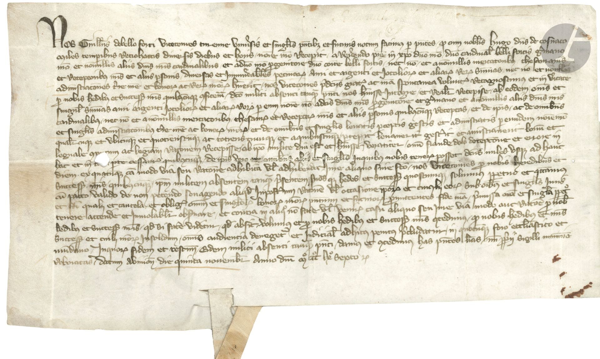 Vicomté de TURENNE. Charte, 5 novembre 1366 ; parchemin oblong in-4 (16 x 29 cm) ; latin.

Quittance de Guillaume de Beaufort, vicomte de Turenne, à noble Hugues de Cosnac.
