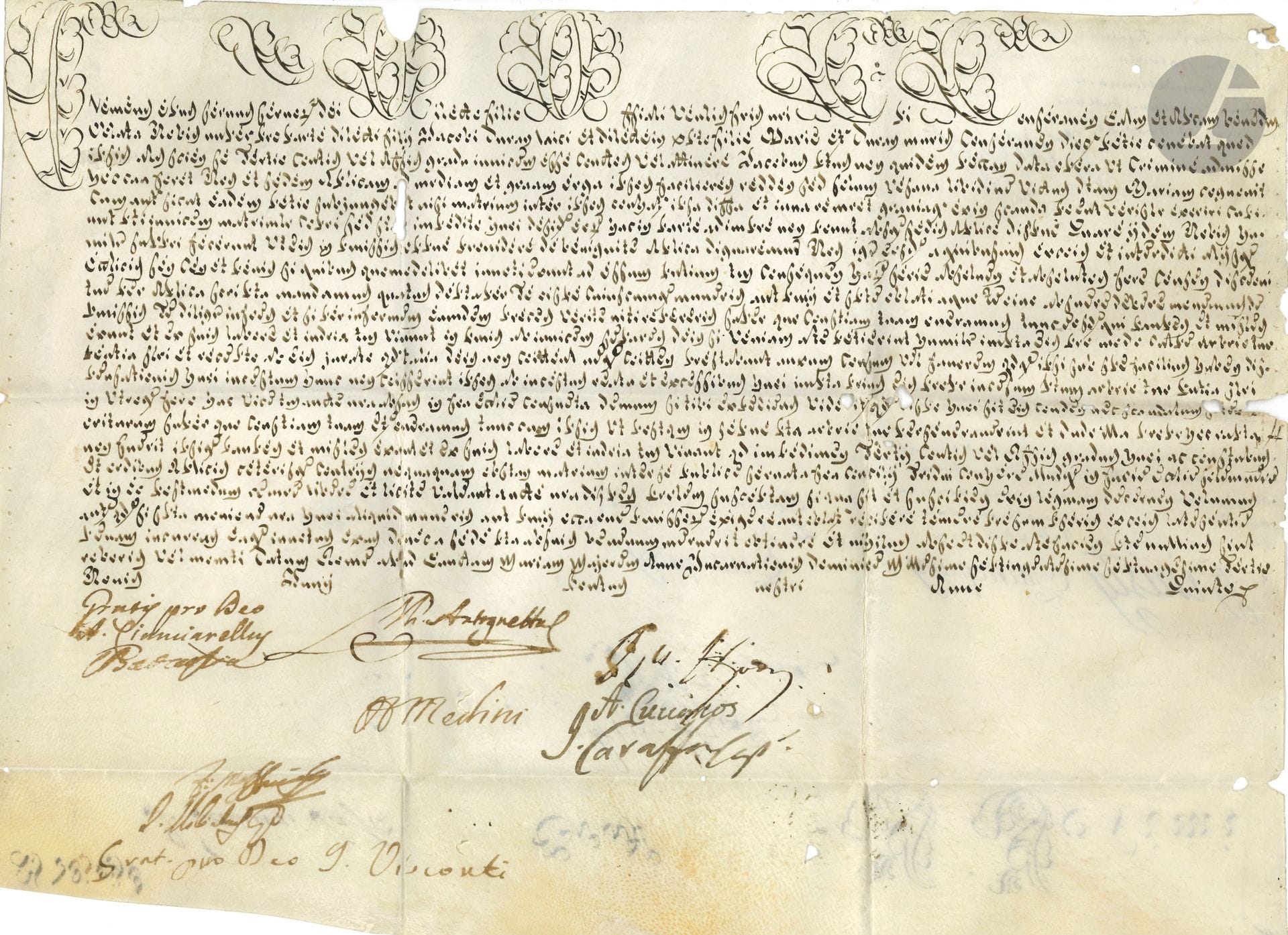 POPE. Lorenzo Ganganelli, clement xiv (1705-1774) Pope in 1769, he suppressed the Jesuit order and founded the Vatican Museums. Handwritten bull in his name, Rome à Sainte-Marie-Majeure nones de juin (June 18) 1773; oblong vellum in-fol. (26 x 35.5 cm) with ornate initials and 4 initials in the first line (small holes in folds); seal missing; in Latin. 
Attached is a manuscript brief in the name of PIE VI, Rome August 6, 1790 (oblong vellum in-fol.).

Dispensation de consanguinité au 3e degré, en faveur du mariage de Jacques Durand et Marie Durand, demeurant au diocèse de Saint-Bertrand de Comminges (département actuel de Haute-Garonne). Chancery signatures.
Attached is a manuscript writ in the name of PIE VI, Rome August 6, 1790 (oblong vellum in-fol.), dispensation for an ordination, with signature of Cardinal Romoaldo Braschi-Onesti (1753-1817).