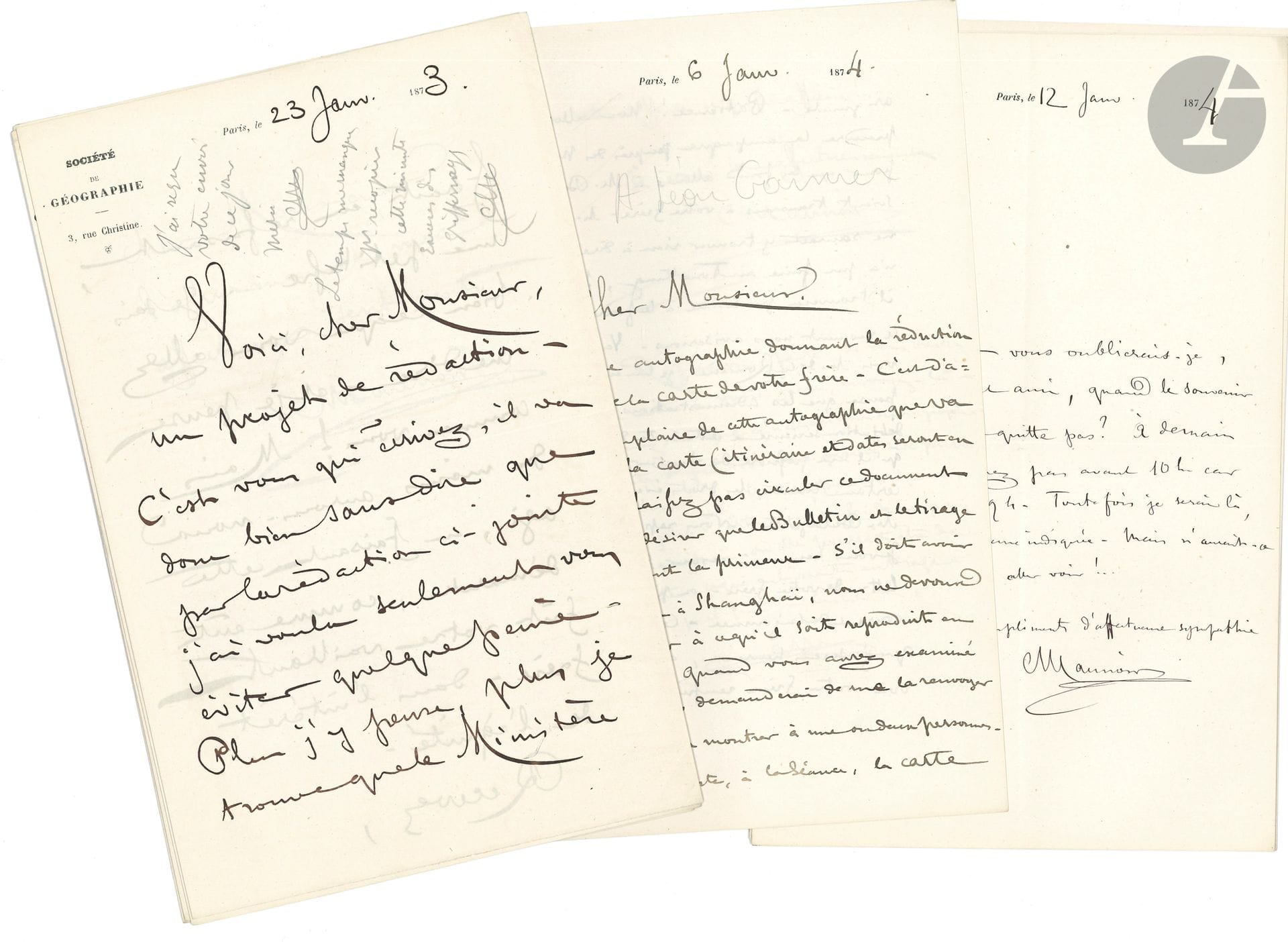 Charles MAUNOIR (1830-1901) geographer. 55 L.A.S., Paris 1873-1898, to Léon Garnier; 130 pages in-8 or in-12, numerous Société de Géographie letterheads.

Beautiful correspondence evoking Francis Garnier, the famous explorer of Indochina.
A former soldier turned geographer, Charles Maunoir published numerous articles and memoirs in scholarly journals such as L'Année géographique and the Bulletin de la Société de Géographie. From 1867 to 1896, he was General Secretary of the Société de Géographie. His correspondent, Léon Garnier (1836-1901), was the brother of the famous explorer Francis Garnier (1839-1873), known for his important voyage through Indochina and southern China from 1866 to 1868. 
The correspondence concerns Francis Garnier, his relatives and various publications relating to his expedition: publication of the printed account of the voyage (1873); reading of a report to the Société de Géographie; provision of a sum of 3,000 F for Francis Garnier; request from the director of the Revue des Deux Mondes to speak with Léon Garnier; engraving of a map showing F. Garnier's itinerary (1874); pension for his widow; project for a portrait of F. Garnier to be presented to the French National Gallery (1874). Garnier to be presented to the Société de Géographie; creation of a bust of the explorer by Topffer; protest to the Société d'Ethnographie (1875); delivery of a letter by Dutreuil de Rhins (1879); search for a lithographic stone by the engraver Erhard containing F. Garnier's itinerary. Garnier's itinerary (1882); publication of Doudart de Lagrée's letters by Arthur de Villemereuil (1885); recommendations in favor of Sergeant Imbert, F. Garnier's former comrade-in-arms, for the Military Medal and the Tonkin Medal (1889-1891), etc.
"I have my copy of Indo-China! It's a superb work - and would have put the memory of your brother back into my heart, if it had been necessary. The matter of the expeditions to be made by the Société de Géographie has been settled. But I was sorry to see that Mr. Garrez's name had disappeared from the list of people to whom the work is given... Mr. Garrez is one of the men who helped your brother with questions of Indian history. What can be done to restore things to the conditions that were [...] in accordance with your brother's wishes?" (January 7, 1873). "At our next meeting, on March 7, M. Vivien de St Martin will read the report on the voyage d'exploration en Indo-Chine. I'll say we're sending you a convocation. But you'd better be warned right away. [...]. I almost forgot to tell you that I have received an affectionate letter from your brother, to which I shall reply as best I can" (February 22). "Here is an autograph showing the half-price reduction of your brother's card. The map (itinerary and dates in red) will be engraved from a copy of this autograph. Do not allow this document to be circulated, as it would be desirable for the Bulletin and the separate edition to be the first to receive it [...] We will begin the campaign with the Ministry to ensure that the funds allocated to Mr. Delaporte are passed on to your brother. Mr. Delaporte can find nothing to say about this, and what he was unable to do in Tong King, for lack of health, he will perhaps find to do elsewhere" (January 6, 1874)... "If your poor brother's death occurred during military service, your sister-in-law is entitled to a pension of 1,060 francs. Otherwise the pension would be only half, i.e. 530 F. I don't think there can be the slightest doubt about the situation" (January 14). "The President of the Sté de Géographie has taken good note of the wish I expressed to him for the return of your sister-in-law from Shang-Haï [...] The Society is a milieu that will always welcome with the deepest sympathy anything that might relate to your brother, and on which you can, I believe, count in case of need" (January 19).... "This letter will be given to you by Mr. Dutreuil de Rhins, whose name you no doubt know, and who is very involved in Indo-China. He is one of your brother's supporters and would like to discuss matters of interest to you. M. de Rhins is a reliable and upright man - whatever you tell him with reservations, he will be careful not to use, especially misuse" (October 8, 1879)... "In spite of all my research, I have not been able to put my finger on any of your concerns.Despite all my research, I have been unable to find the stone for Mr Garnier's Itinerary. If, however, we can wait a few more days, it may be possible for me to find it" (Erhard to Maunoir, March 24 1882, forwarded to L. Garnier); on the same sheet: "The philosopher's stone is no more difficult to find than this lithographic stone. Can you wait a little longer? Could you return to me the nos. of the Explorateur on which you had put me observations in red ink opposite the paragraphs of an article by M. de Villemereuil?" (March 25, 1882)... 4 letters or 