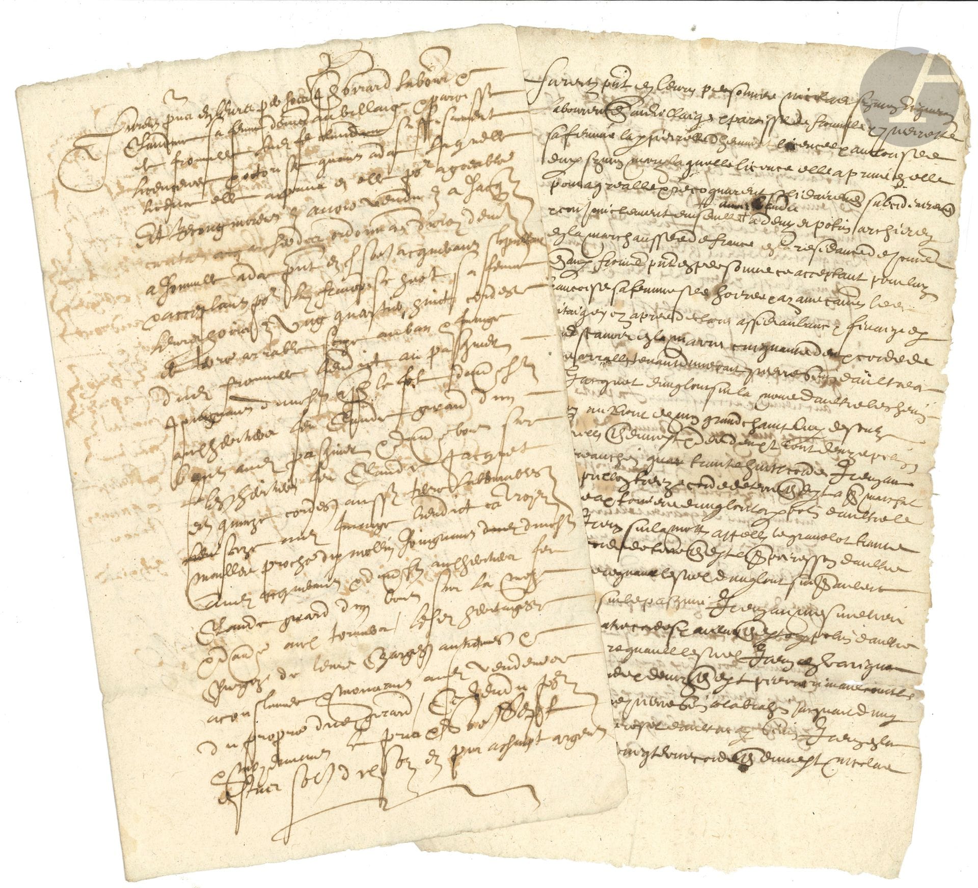 FLANDRE. 4 actes sur papier, Fromelles (ou Frouville ?) 1590-1613 ; 8 pages petit in-4 (un incomplet).

Ventes de terres en faveur de Denis Potin et Jacques Caritat, archers de la maréchaussée de France, par des vignerons et laboureurs.