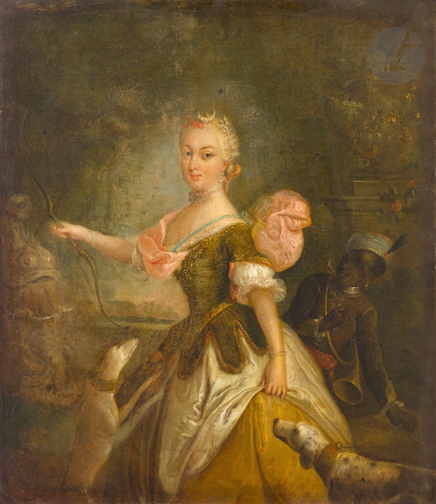W.v.B***, Ecole HOLLANDAISE du XVIIIe siècle
Portrait de femme en Diane avec son page
Toile
Monogrammée en bas à gauche sur le collier du chien "W.v.B"
47 x 41 cm
Porte des étiquettes au revers du châssis et du cadre "n°478" Porte un numéro au revers du châssis "158"
(Restaurations anciennes et usures).