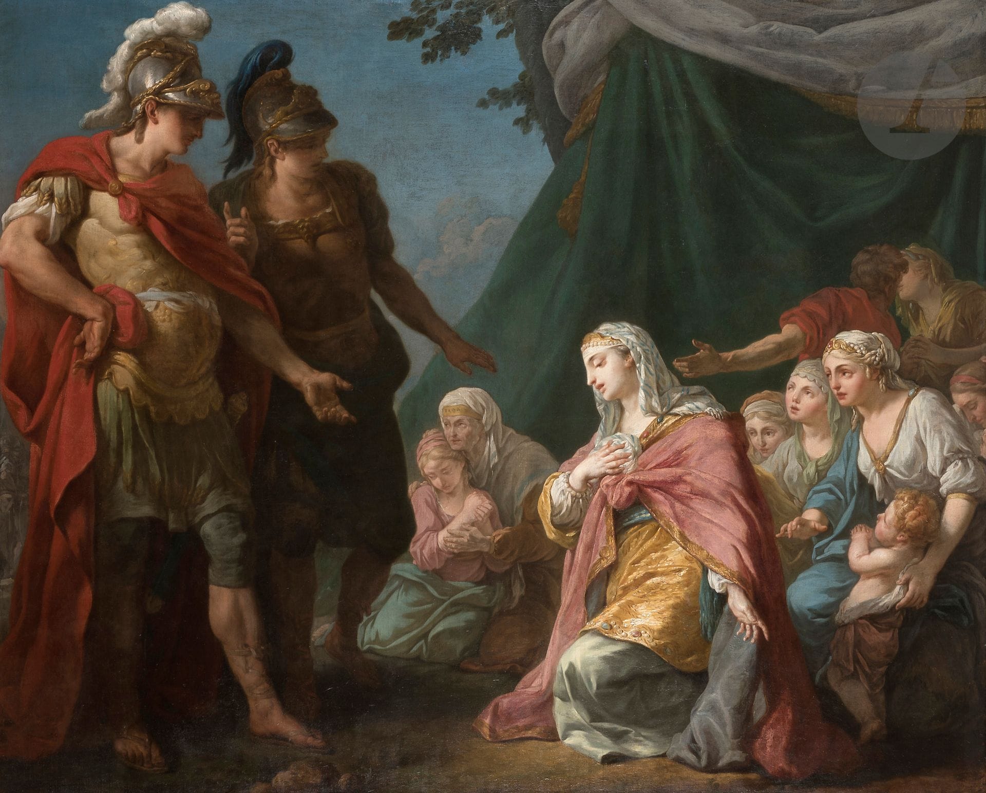 Jacques-François AMAND (Gault 1730 - Paris 1769)
La famille de Darius
Toile
129 x 161 cm

Provenance :
- Acquis par le roi Frédéric II de Prusse en 1765 ;
- Collection Dr Rosemberg, Liège, jusqu'en janvier 1971.

Exposition :
Salon de 1765, n°166.

Bibliographie :
- D. Diderot, Salon de 1765, Vendôme, 1984, n°166, p.250 ;
- Explication des peintures, sculptures et gravures de Messieurs de l'Académie Royale, Paris, 1765, n°166, p.29 ;
- P. Seidel, "Friedrich der Grosse als Sammler", in Jahrbuch der Königlich Preussischen Kunstsammlungen, vol. 15, Berlin, 1894, p. 53.

Si Diderot écrit " J'ai beaucoup cherché votre famille de Darius sans pouvoir la découvrir, ni personne qui l'eût découverte ", c'est parce que le tableau avait déjà été acquis par Frédéric II, roi de Prusse. Le tableau n'ayant pas été vu par le public, l'attribution semble s'être perdue au fils des ans. C'est en 1984 qu'une attribution à Jacques-François Amand est proposée par Jean-François Méjanès, alors conservateur du Département des Arts Graphiques du Louvre.
Elève de Jean-Baptiste Marie Pierre, Jacques-François Amand remporte en 1756 le prix de Rome avec son tableau "Samson et Dalila" (Mayence, Landesmuseum Mainz, inv. 497). Deux ans plus tard, le marquis de Marigny lui accorde son Brevet d'Elève et il arrive en Italie en janvier 1759, sous le directorat de Charles-Joseph Natoire.

Pendant son séjour au Palais Mancini, il réalise essentiellement des croquis de paysages. De retour en France en 1763, il participe aux Salons de 1765 et de 1767. Il est reçu à l'Académie le 26 septembre 1767. L'année suivante, Louis XV lui commande trois tableaux représentant l'histoire de Cupidon et de Psyché pour les trumeaux de la salle à manger du petit Trianon, projet inachevé, probablement à cause de la mort prématurée de l'artiste.