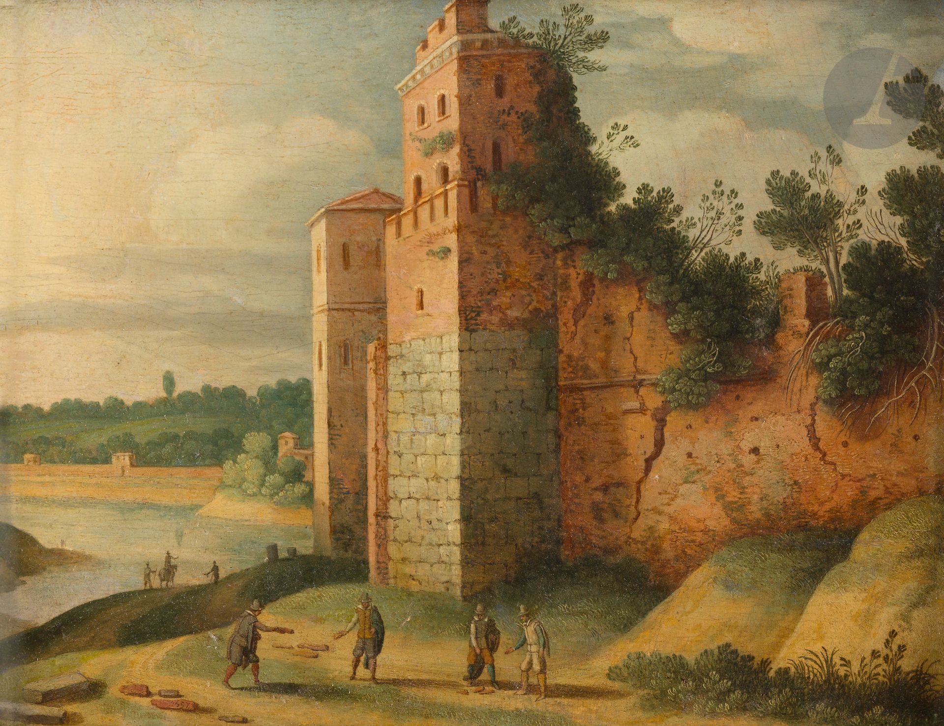 ATTRIBUÉ A Willem Van NIEULANDT ( 1584 - 1635 )
Paysage avec une forteresse en ruines
Panneau de chêne
Porte une inscription en bas à gauche sur une pierre 
20.5 x 26.5 cm