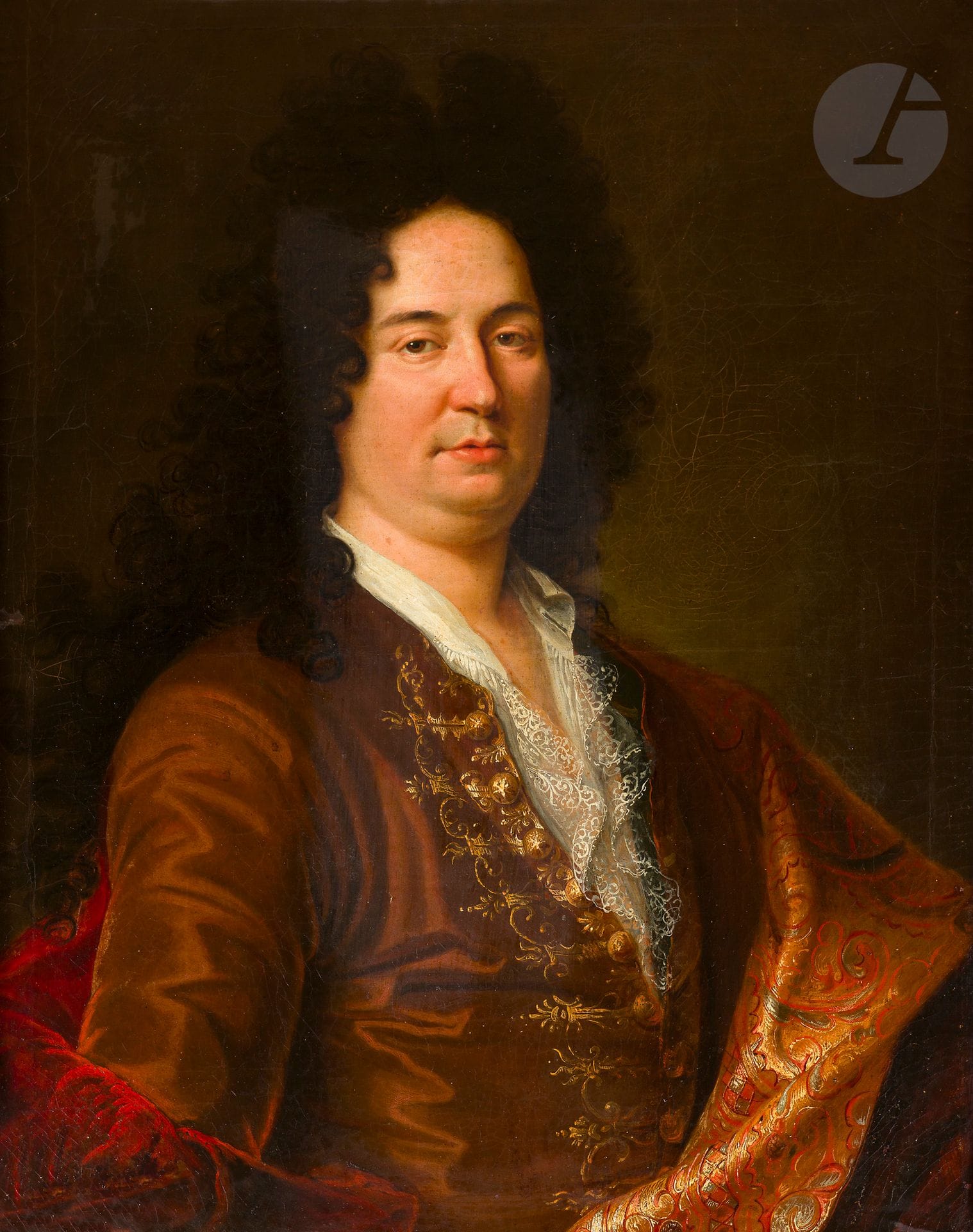 Attributed to Gilles ALLOU (1670 - 1751)
Portrait of a man with lace collar and embroidered coat
On original canvas
81 x 62 cm
Bears a date on the reverse of the frame and stretcher "1926".