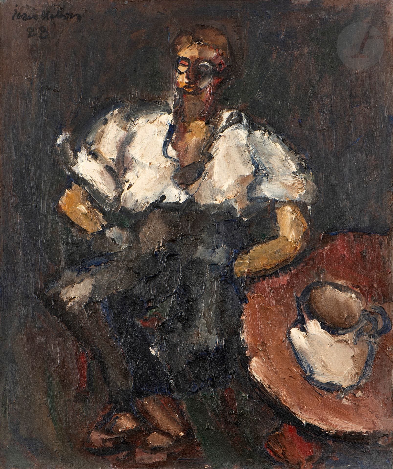 Jean HÉLION (1904-1987)
Homme assis, 1928
Huile sur toile.
Signée et datée en haut à gauche.
Signée et datée au dos 
Annotée « H.45 » au dos.
65 x 54 cm

Provenance : 
- Collection particulière, Paris.
- Vente Me Cornette de Saint-Cyr, Hôtel Drouot, Paris, 12 juin 2006, n° 1.

Cette œuvre est enregistrée dans le catalogue raisonné en ligne : 
https://associationjeanhelion.fr/catalogue-raisonne/