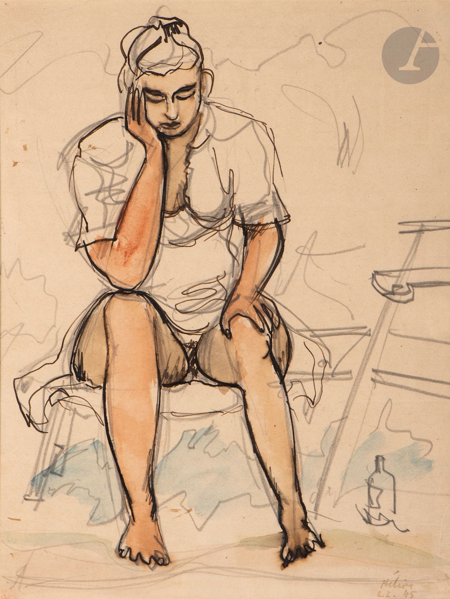 Jean HÉLION (1904-1987)
La Fille aux pieds dans l’eau, 1945
Aquarelle, encre et crayons.
Signée et datée en bas à droite.
Titrée au dos.
30 x 22,5 cm

Provenance : 
- Galerie Karl Flinker, Paris (étiquette au dos sur le montage).
- Vente Me Cornette de Saint-Cyr, Hôtel Drouot, Paris, 20 novembre 2005, n° 301.

Exposition : 
Jean Hélion : l’œuvre figurative de 1928 à 1978, Musée Ingres, Montauban, juin - septembre 1978, catalogue, n° 49, p. 34, non reproduit.

Cette œuvre est préparatoire au tableau éponyme La Fille aux pieds dans l’eau, reproduit in Henry-Claude Cousseau, Hélion, Paris, Éditions du Regard, 1992, reproduit pp. 108 et 319.