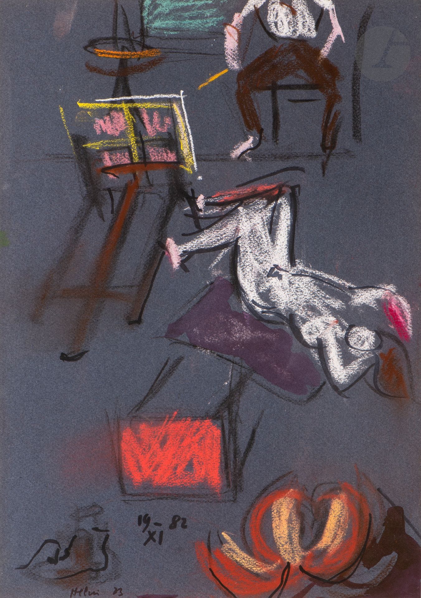 Jean HÉLION (1904-1987)
Dans l’atelier, 1982-83
Pastel et encre sur papier bleu.
Signé et daté en bas à gauche.
42,5 x 30 cm

Provenance : 
- Collection particulière, Paris.
- Vente Versailles Enchères, Mes Perrin-Royère-Lajeunesse, Versailles, 26 juin 2005, n° 139.