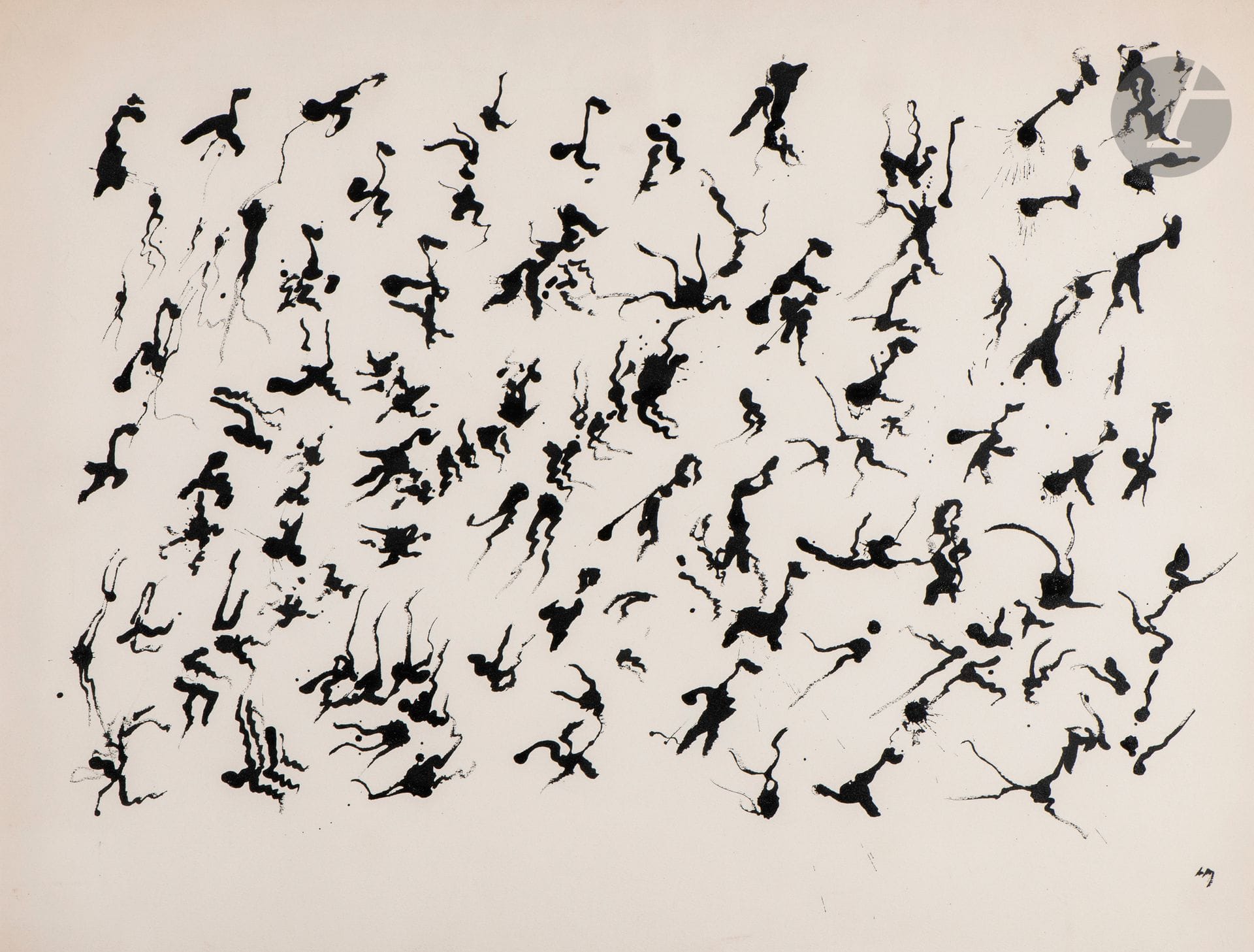 Henri MICHAUX (1899-1984)
Signes, 1959
Encre de Chine.
Monogrammée en bas à droite.
Datée au dos en haut à droite.
Dédicacée au dos à « M. et Mme Heinrich Heckne / avec joie / h michaux ».
57 x 78 cm

Cette œuvre sera incluse au catalogue raisonné en préparation par Micheline Phankim, Rainer Michael Mason et Franck Leibovici.