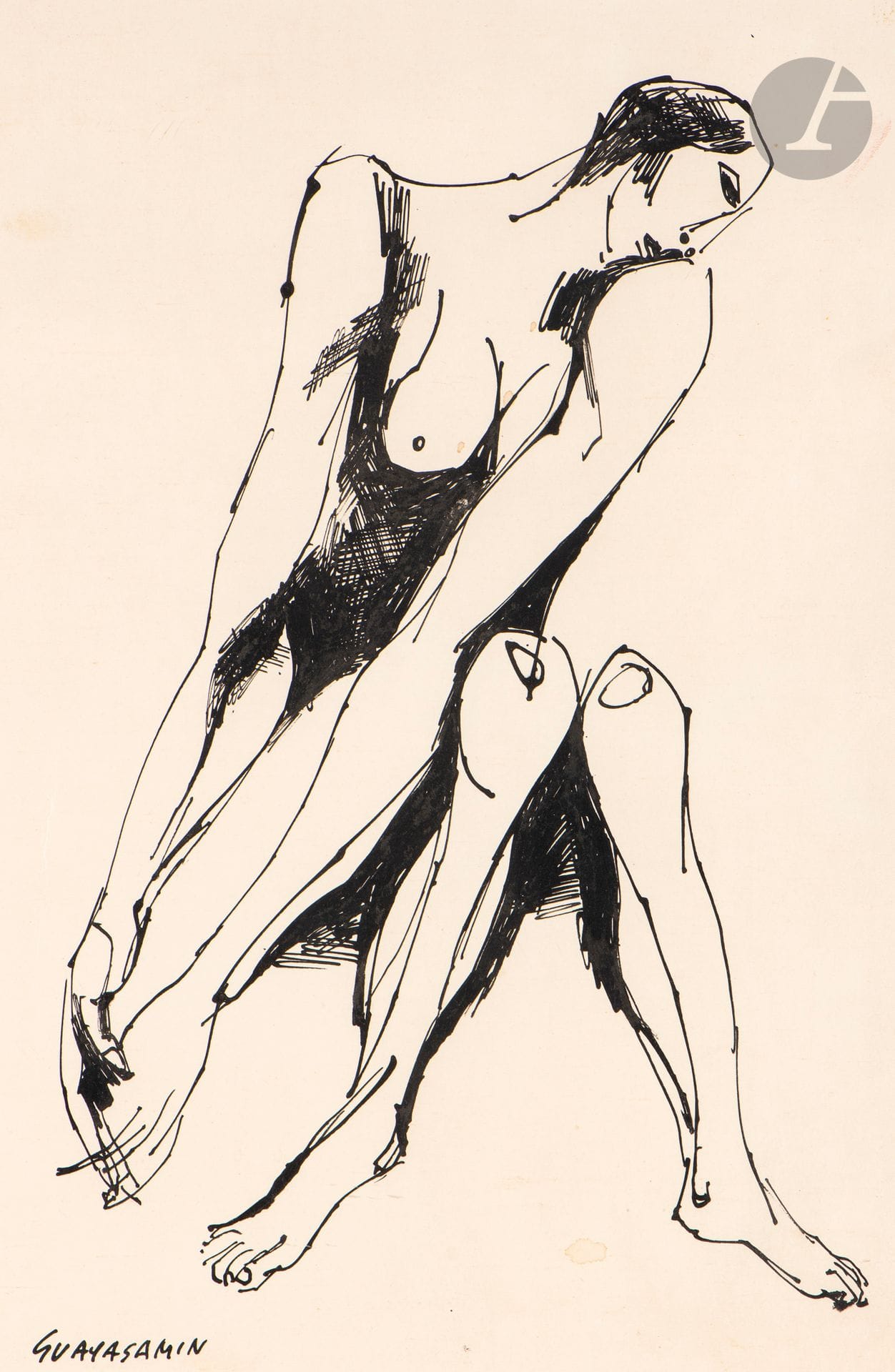 Oswaldo GUAYASAMIN (1919-1999)
Nu assis
Encre de Chine.
Signée en bas à gauche.
38,5 x 25,5 cm

Provenance : 
Acquis directement auprès de la famille de l’artiste à Cuba.