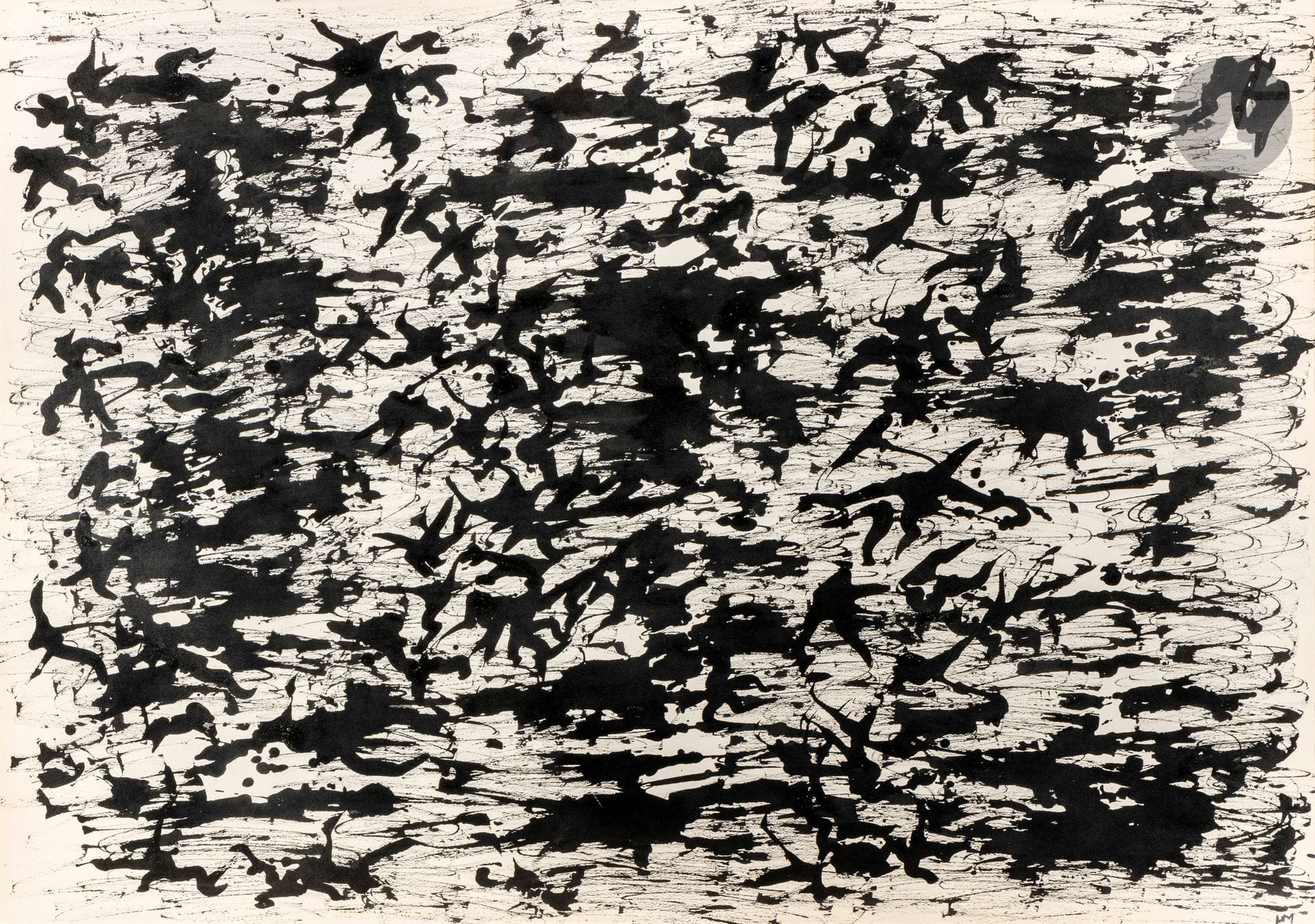 Henri MICHAUX (1899-1984)
Encre n° 6, juillet 1959
Encre de Chine.
Monogrammée en bas à droite.
Datée au dos, en haut à droite «juillet 59», en bas à droite : «mai 59».
75 x 105,6 cm

Provenance : 
- Galerie Daniel Cordier, Paris (étiquette au dos sur le montage).
- Collection de Monsieur Landau.
- Vente Tajan, Paris, 20 novembre 2013, n° 3.
- Vente Versailles Enchères, Mes Perrin-Royère-Lajeunesse, Versailles, 27 avril 2014, n° 35.

Exposition : 
- Henri Michaux : encres, gouaches, dessins, Galerie Daniel Cordier, Paris, 1959, catalogue, reproduit.
- XXXe Biennale Internationale d’Art de Venise, 1960 (étiquettes au dos sur le montage).

Bibliographie : 
- Geneviève Bonnefoi, Henri Michaux peintre, Abbaye de Beaulieu, 1976, reproduit, non paginé.
- Alfred Pacquement, Henri Michaux, peintures, Paris, Gallimard, 1993, vue de l’exposition à la galerie Daniel Cordier, Paris, 1959, reproduit p. 358.

Cette œuvre sera incluse au catalogue raisonné en préparation par Micheline Phankim, Rainer Michael Mason et Franck Leibovici.