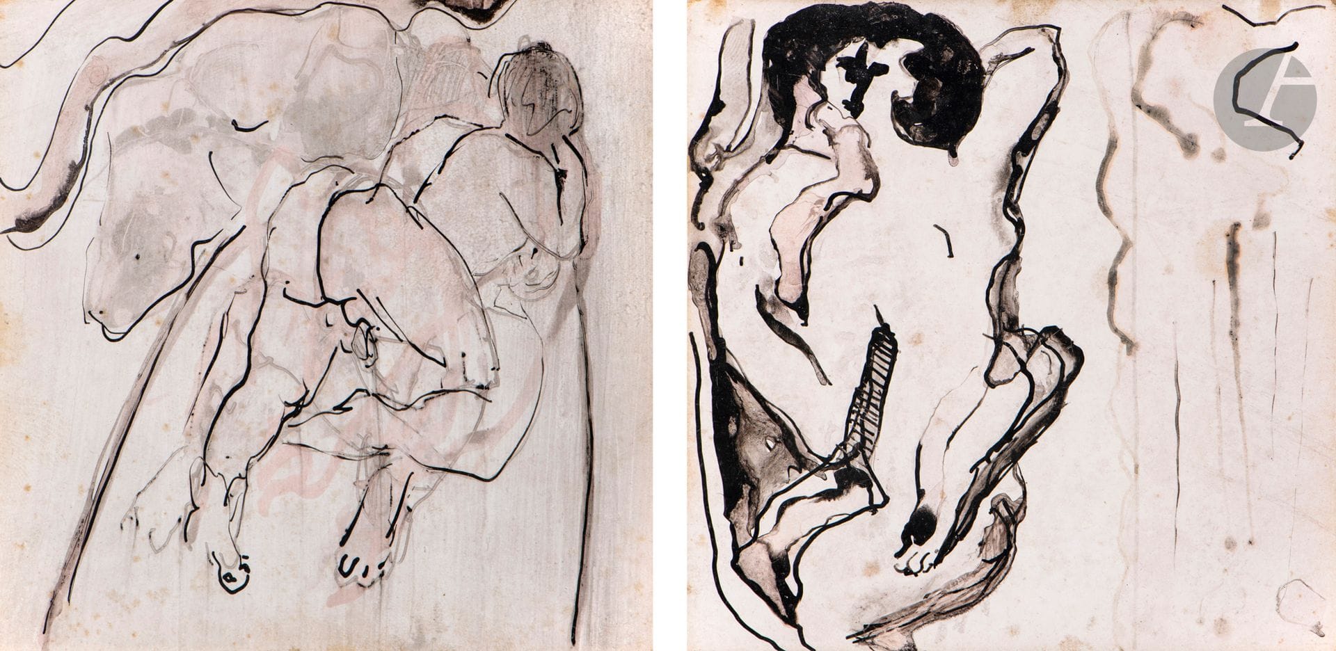 Claude VIALLAT (né en 1936)
Scènes érotiques
2 encres bistre et rose sur carton.
10 x 10 cm chacune

Provenance : 
- Ancienne collection de Monsieur Georges Badin, conservateur du Musée de Céret de 1967 à 1987.
- Vente Mes Cornette de Saint-Cyr, Paris, 20 mars 2006, n° 697 et 698.

Un certificat de Claude Viallat, pour chaque encre, en date du 20 juillet 2023, sera remis à l’acquéreur.