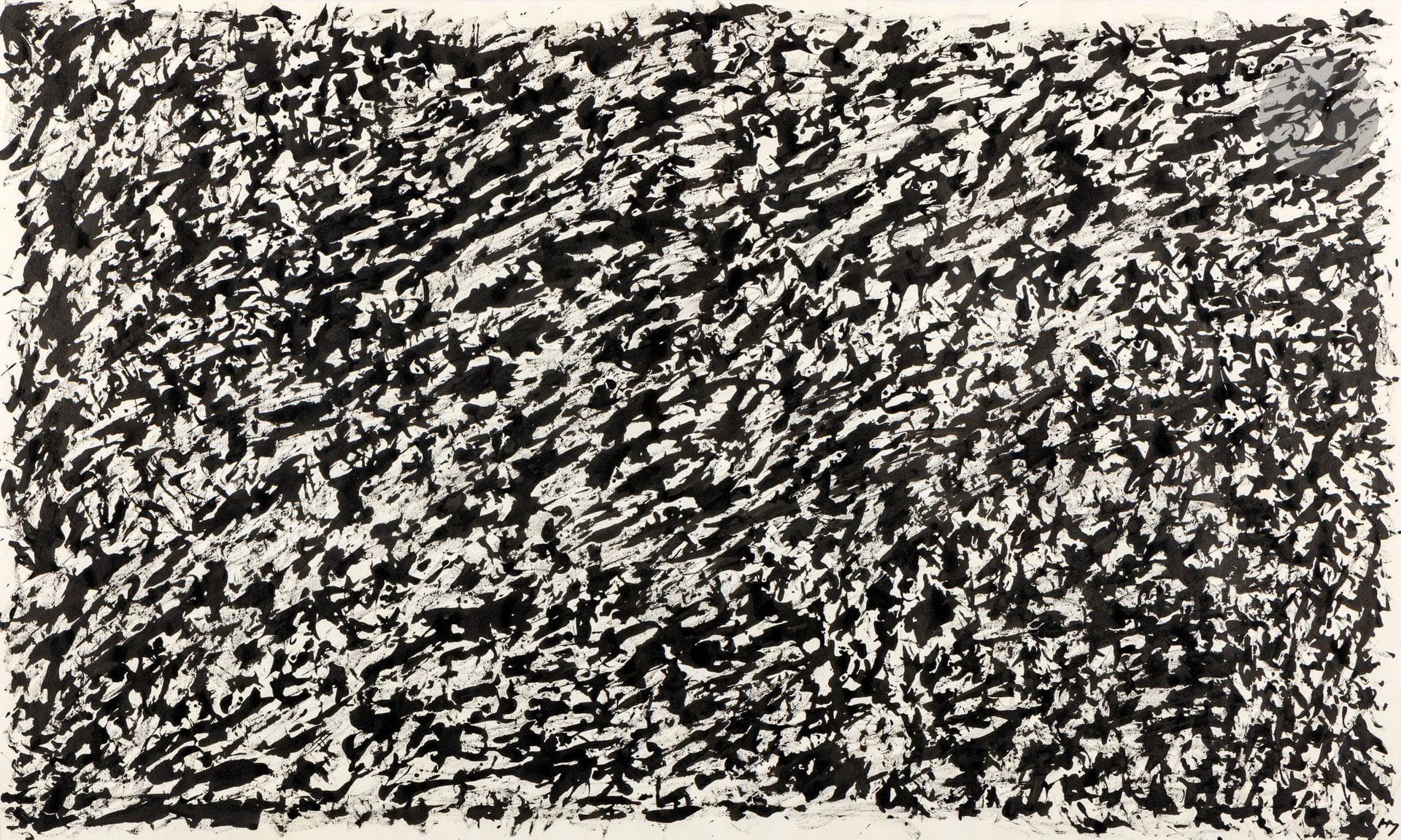 Henri MICHAUX (1899-1984)
Sans titre, 1975
Encre de Chine.
Monogrammée en bas à droite.
81,5 x 134,6 cm

Provenance : 
Vente Versailles Enchères, Mes Perrin-Royère-Lajeunesse, Versailles, 1er juillet 2012, n° 48.

Bibliographie : 
Franck Leibovici, Henri Michaux : voir (une enquête), Paris, Presses de l’Université de Paris-Sorbonne, 2014, n° 435, reproduit p. 382.

Cette œuvre sera incluse au catalogue raisonné en préparation par Micheline Phankim, Rainer Michael Mason et Franck Leibovici.