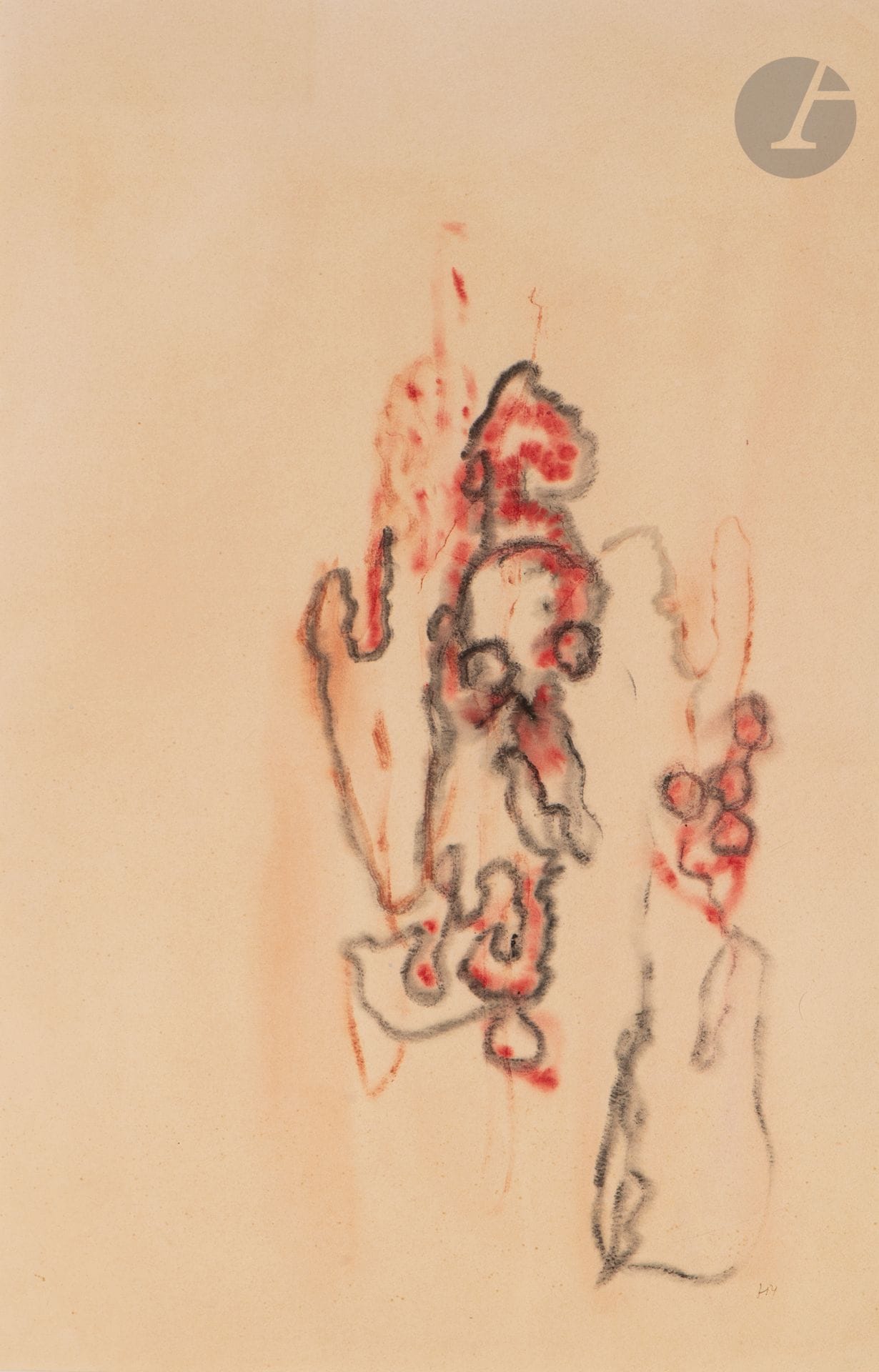 Henri MICHAUX (1899-1984)
Sans titre, 1957
Aquarelle et lavis d’encre.
Monogrammée en bas à droite.
Datée au dos : « octobre 57 ».
50 x 32,5 cm

Provenance : 
- Galerie Daniel Cordier, Paris (étiquette au dos sur le montage).
- Collection Élie de Rothschild (son numéro au dos).
- Vente Me Binoche, Hôtel Drouot, Paris, 24 mars 2003, n° 108.

Exposition : 
Galleria Blu, Milan, décembre 1960 - janvier 1961, catalogue, reproduit p. 7.

Cette œuvre sera incluse au catalogue raisonné en préparation par Micheline Phankim, Rainer Michael Mason et Franck Leibovici.