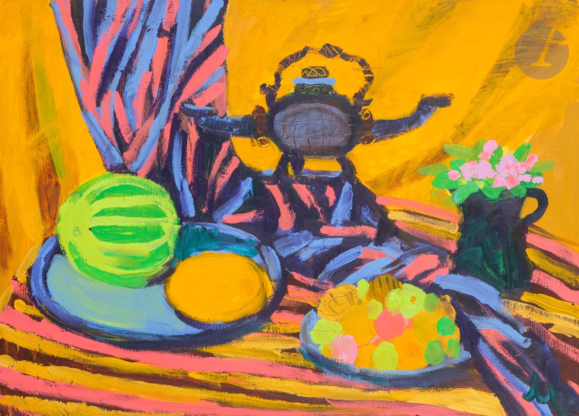 Maryam ALAKBARLI dite MARYAM (née en 1991)
Nature morte à la théière
Acrylique sur toile.
Monogrammée en bas à droite.
100 x 140 cm