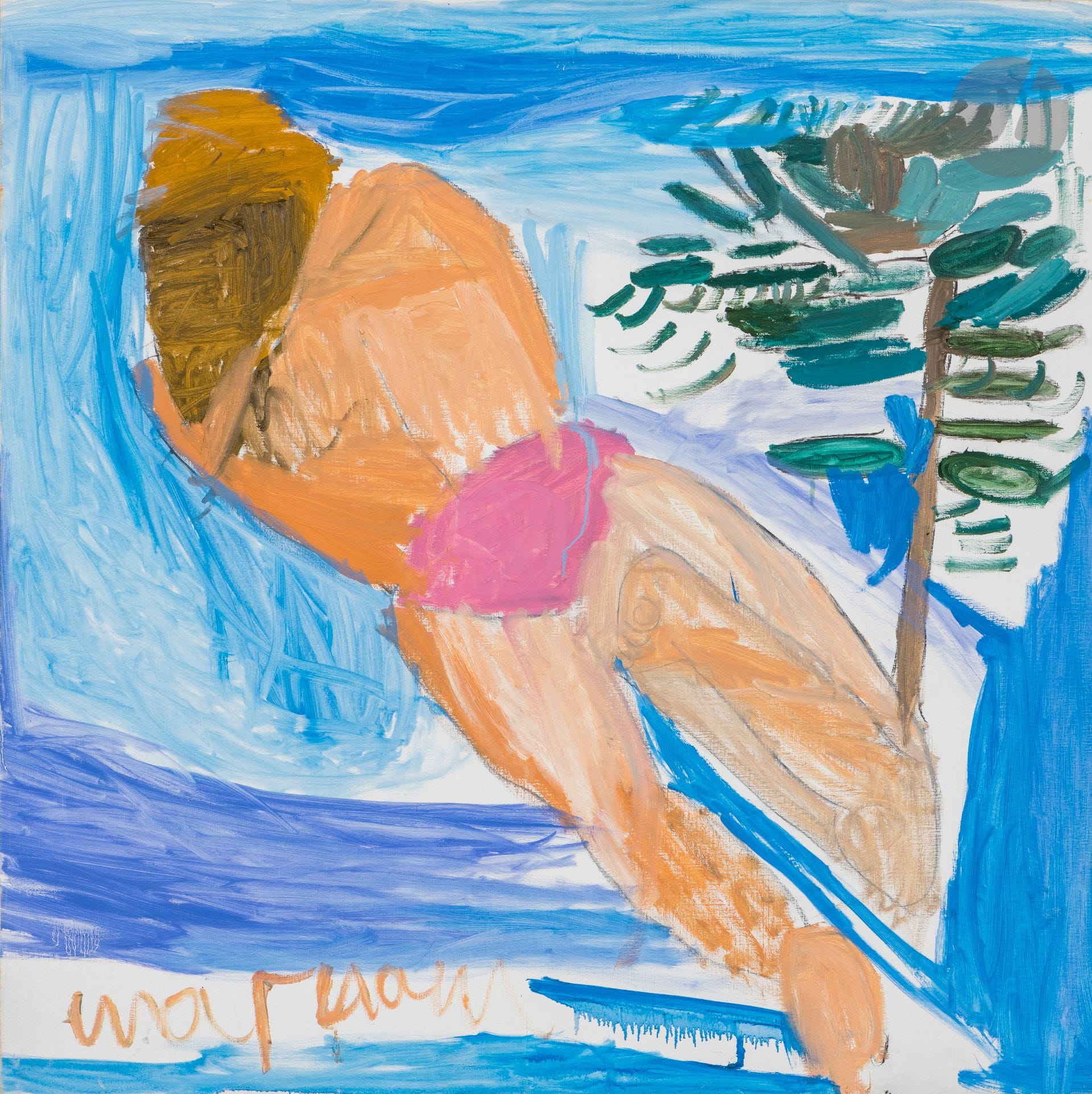 Maryam ALAKBARLI dite MARYAM (née en 1991)
Baigneur sur la plage, 2017
Acrylique sur toile.
Signée en bas à gauche.
Datée au dos.
120 x 120 cm