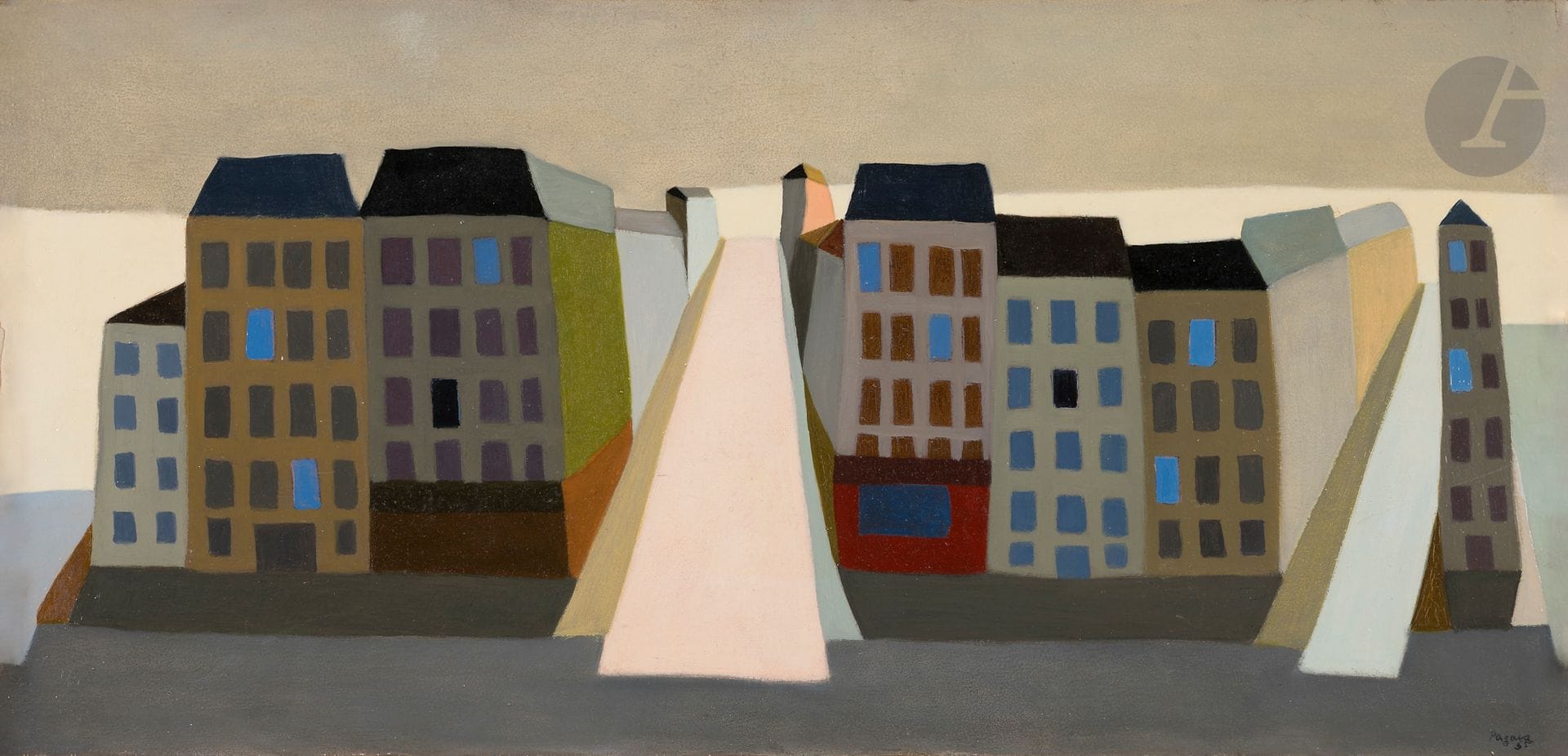 Véra PAGAVA (1907-1988)
Ville provinciale, 1955
Huile sur panneau.
Signée et datée en bas à droite.
Signée, datée et titrée au dos.
(Panneau légèrement voilé).
33 x 68 cm

Un certificat de l’AC/VP (Association culturelle Vera Pagava) pourra être remis à la demande et à la charge de l’acquéreur.
