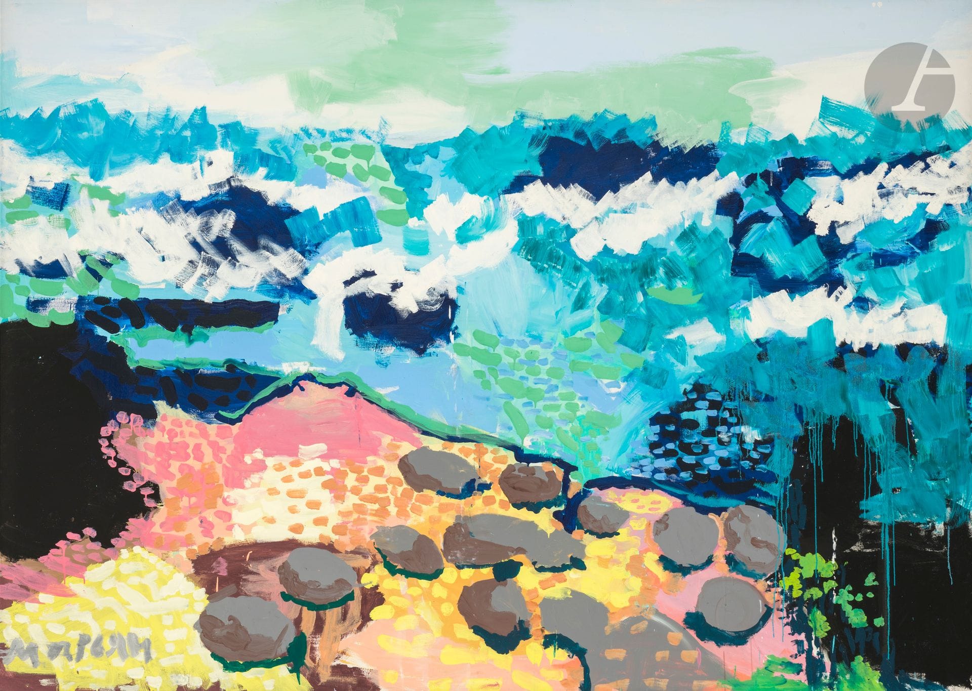 Maryam ALAKBARLI dite MARYAM (née en 1991)
Plage Rosemarie
Acrylique sur toile.
Signée en bas à gauche.
Signée et titrée au dos sur le châssis.
180 x 250 cm