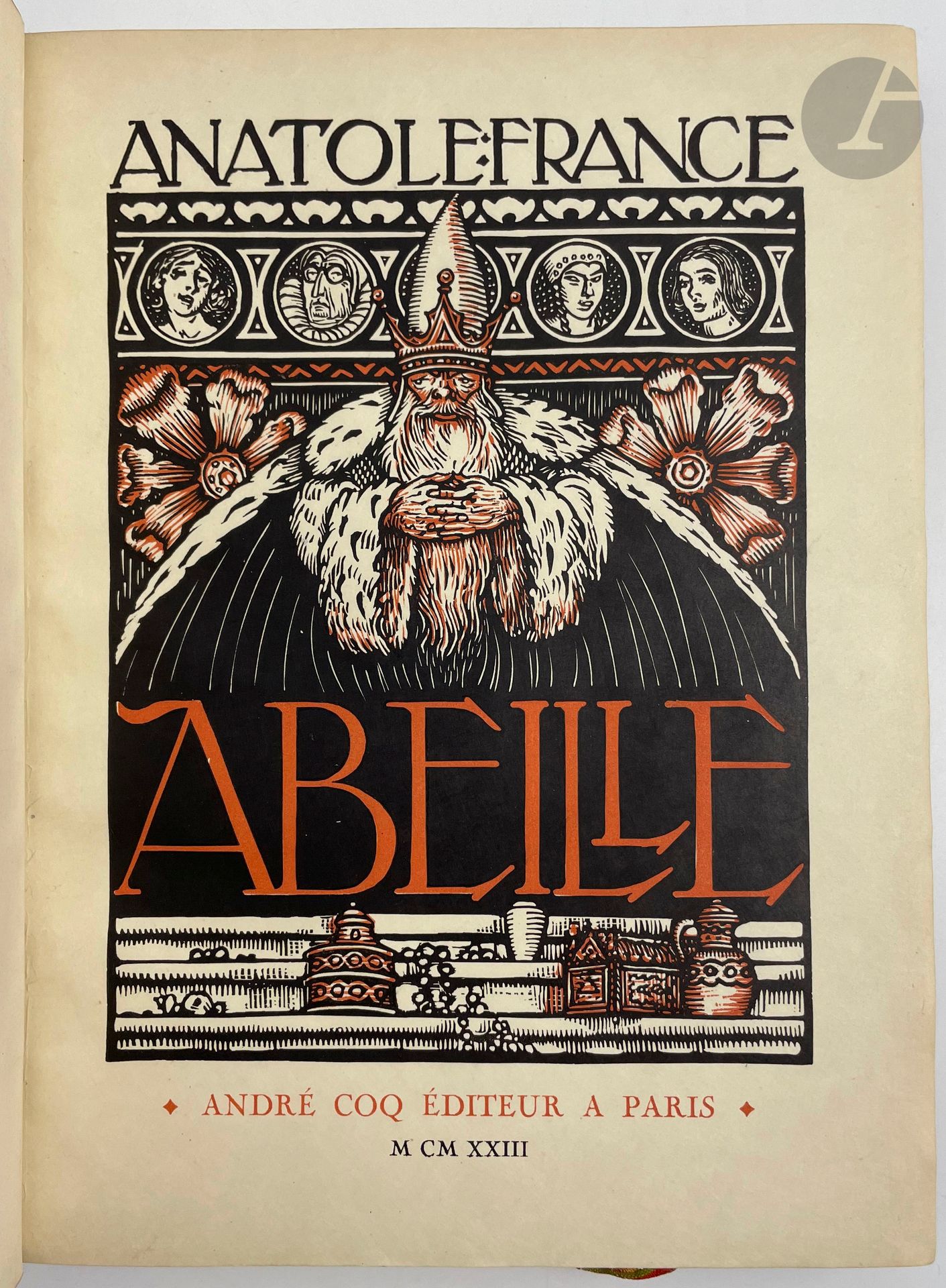 FRANCE (Anatole) - JOU (Louis).
Abeille.
Paris : André Coq, 1923. — In-4, demi-maroquin bleu foncé à coins à la bradel, dos lisse, dos lisse, tête dorée, non rogné, couverture et dos conservés (A. Mertens).

Édition de luxe tirée à 503 exemplaires, illustrée de 73 illustrations dessinées et gravées sur bois par Louis JOU.

Un des 45 exemplaires sur papier d'Arches à la forme, enrichis d'une suite des illustrations sur japon.

Bel exemplaire, très bien conservé.
Provenance : Harry Vinckenbosch, avec ex-libris.