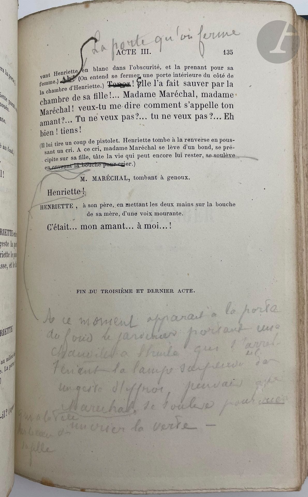 GONCOURT (Edmond et Jules).
Théâtre. Henriette Maréchal. La Patrie en danger.
Paris : G. Charpentier, 1879. — In-12, percaline bleue à la Bradel, dos lisse, non rogné, premier plat de couverture conservé (Henry-Joseph).

Première édition collective du théâtre des Goncourt.

Précieux exemplaire d'Edmond de Goncourt, destiné aux corrections. Il porte sur la première garde cette indication autographe à l'encre rouge : « Exemplaire pour correction // E. de Goncourt » et sur la couverture cette autre note autographe : « Exemplaire de l'auteur. »

Il ne comprend que de très rares corrections (pp. 76, 110, 124, 126, 127, 129, 135) et ne possède pas la préface d'Edmond Goncourt.

Bon exemplaire en reliure de Pierson.
Premier plat de couverture seul conservé, bruni et déchiré avec manque sur le bord inférieur. Quelques rousseurs éparses.

On joint, d'Edmond de Goncourt :
- La Saint-Huberty d'après sa correspondance et ses papiers de famille. Paris : E. Dentu, 1882. — In-12, percaline ocre à la Bradel, dos lisse, non rogné, couverture conservée (E. Carayon).

Édition originale illustrée d'un frontispice dessiné et gravé par Adolphe Lalauze, d'une tête de chapitre et d'un cul-de-lampe, gravés à l'eau-forte par Henriot. Le texte est en outre orné d'encadrements dessinés par Pallandre et gravés par Méaulle.

UN DES 25 EXEMPLAIRES SUR CHINE, comprenant deux états du frontispice et un fac-similé d'une lettre de Mme Saint-Huberty, relié à la fin.

Salissures à la reliure et à la couverture. Quelques rousseurs éparses.