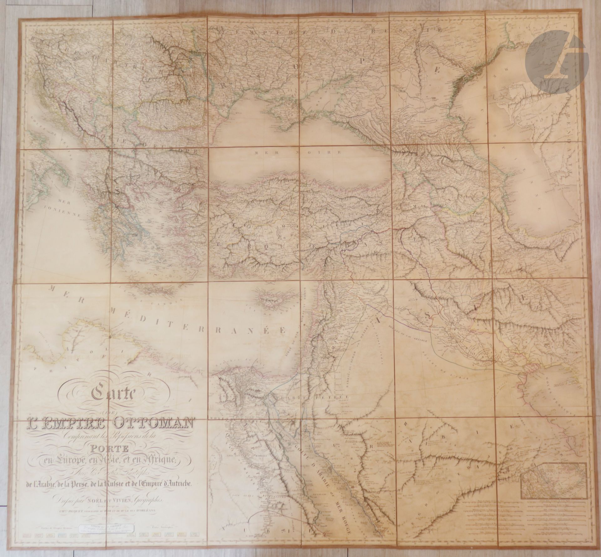 NOËL (A. D.) - VIVIEN DE SAINT-MARTIN (Louis) - PICQUET (Charles).
Carte de l'Empire Ottoman Comprenant les Possessions de la Porte en Europe, en Asie, et en Afrique ; avec les Parties Limitrophes de l'Arabie, de la Perse, de la Russie et de l'Empire d'Autriche. Dressée par Noël et Vivien, Géographes ; Revue et Corrigée par Chles Picquet, géographe du roi et de Mgr le Duc d'Orléans.
Paris: Longuet, successor to Simonneau, 1845. - Map 1055 x 1139, cloth-backed and folded, in publisher's folder and slipcase.

Very fine, large color map of the Ottoman Empire.
Copy divided into 24 sections mounted on cloth, very well preserved despite some wear to the slipcase.